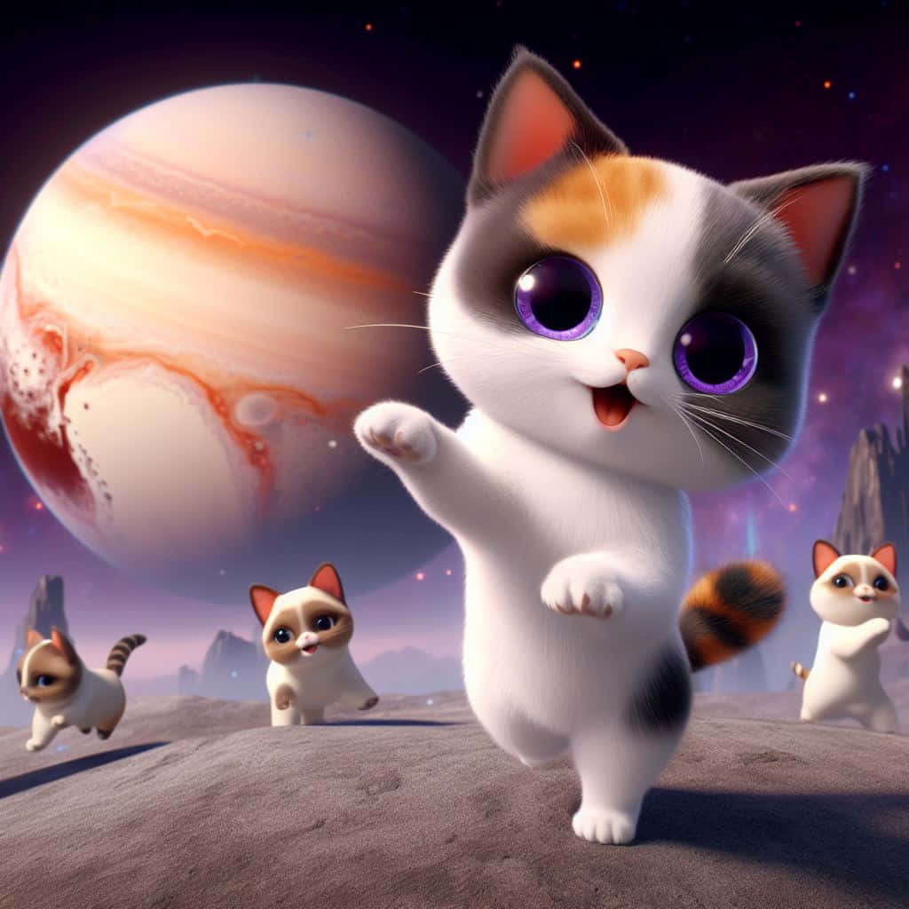 Dancing Cat 桌布 壁紙 — 可愛的卡通小貓在岩石行星上快樂地跳舞，身後巨大的木星在星空下若隱若現。