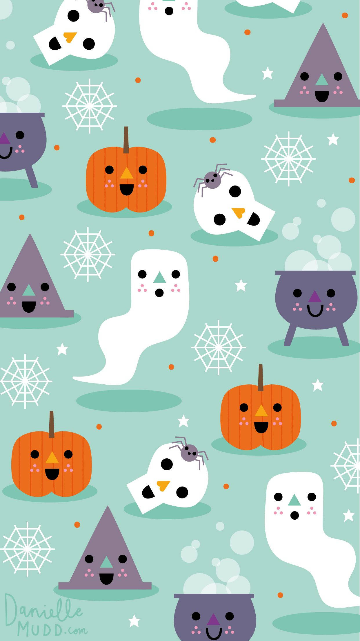 Halloween iPhone 桌布 壁紙 — 可愛的卡通幽靈、南瓜、大鍋和蜘蛛漂浮在帶有白色蜘蛛網的薄荷綠背景上。