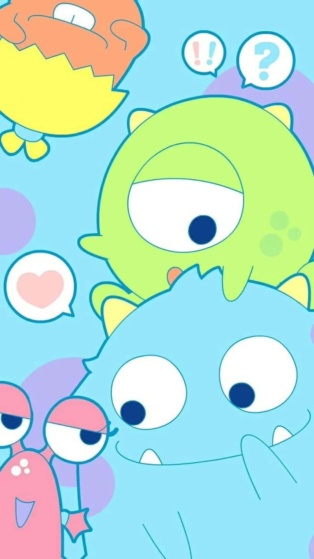 Kawaii Monster 桌布 壁紙 — 可愛的卡通怪物，有大眼睛和對話氣泡，漂浮在粉藍色背景上。