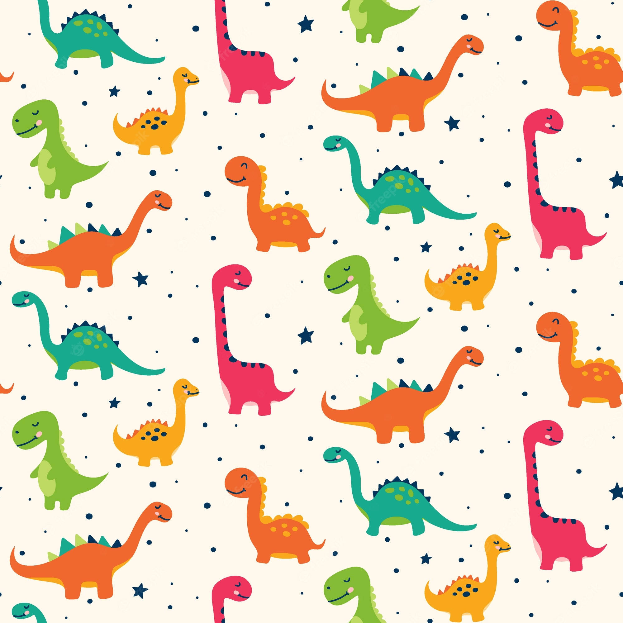 Cute Dinosaur Pattern 桌布 壁紙 — 可愛的卡通恐龍以鮮豔的顏色漂浮在星星之間，背景為奶油色。
