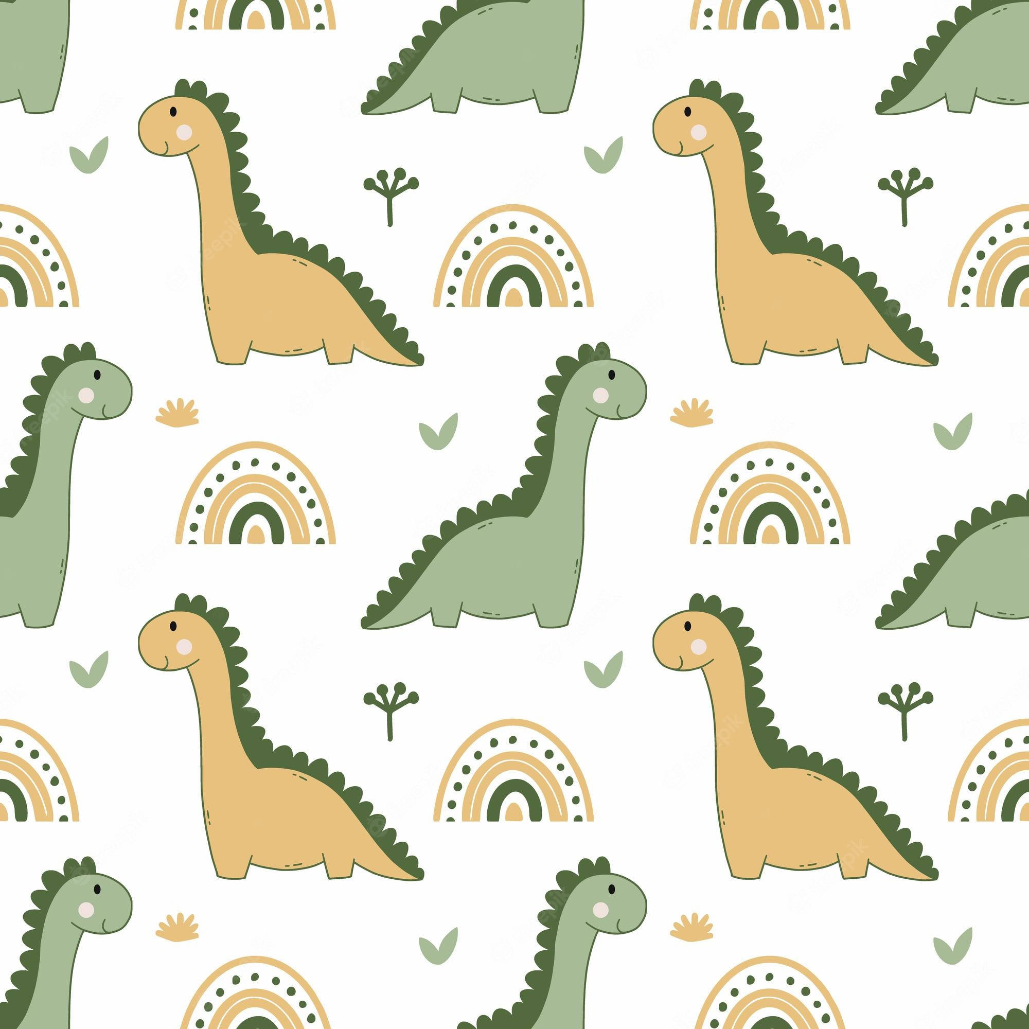 Cute Dinosaur Pattern 桌布 壁紙 — 可愛的卡通恐龍和彩虹在白色背景上以俏皮的圖案重複出現。