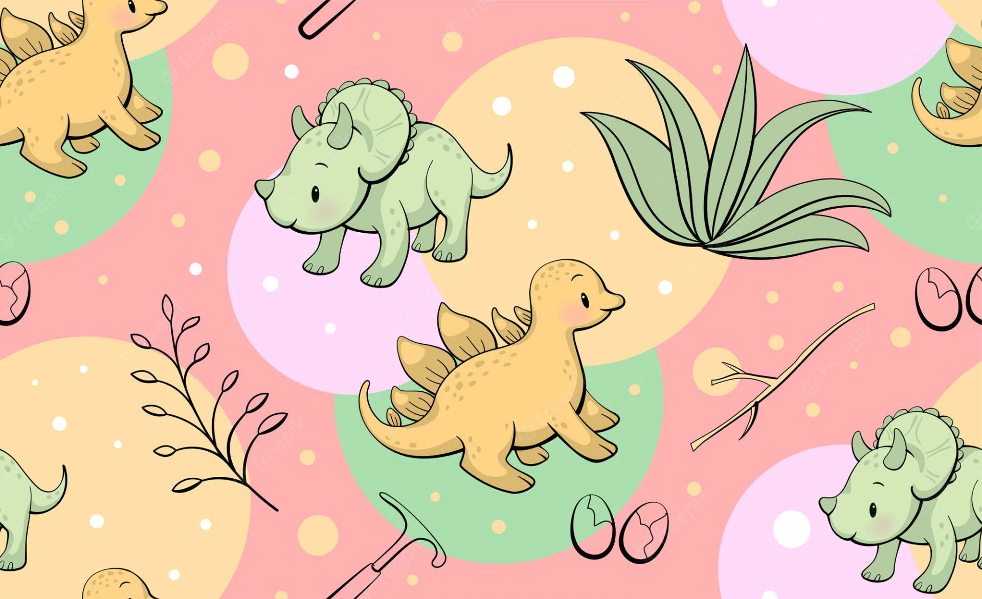  壁紙 — 可愛的卡通恐龍和植物漂浮在粉彩圓圈上，搭配裂開的蛋和鎬子，形成有趣的圖案。