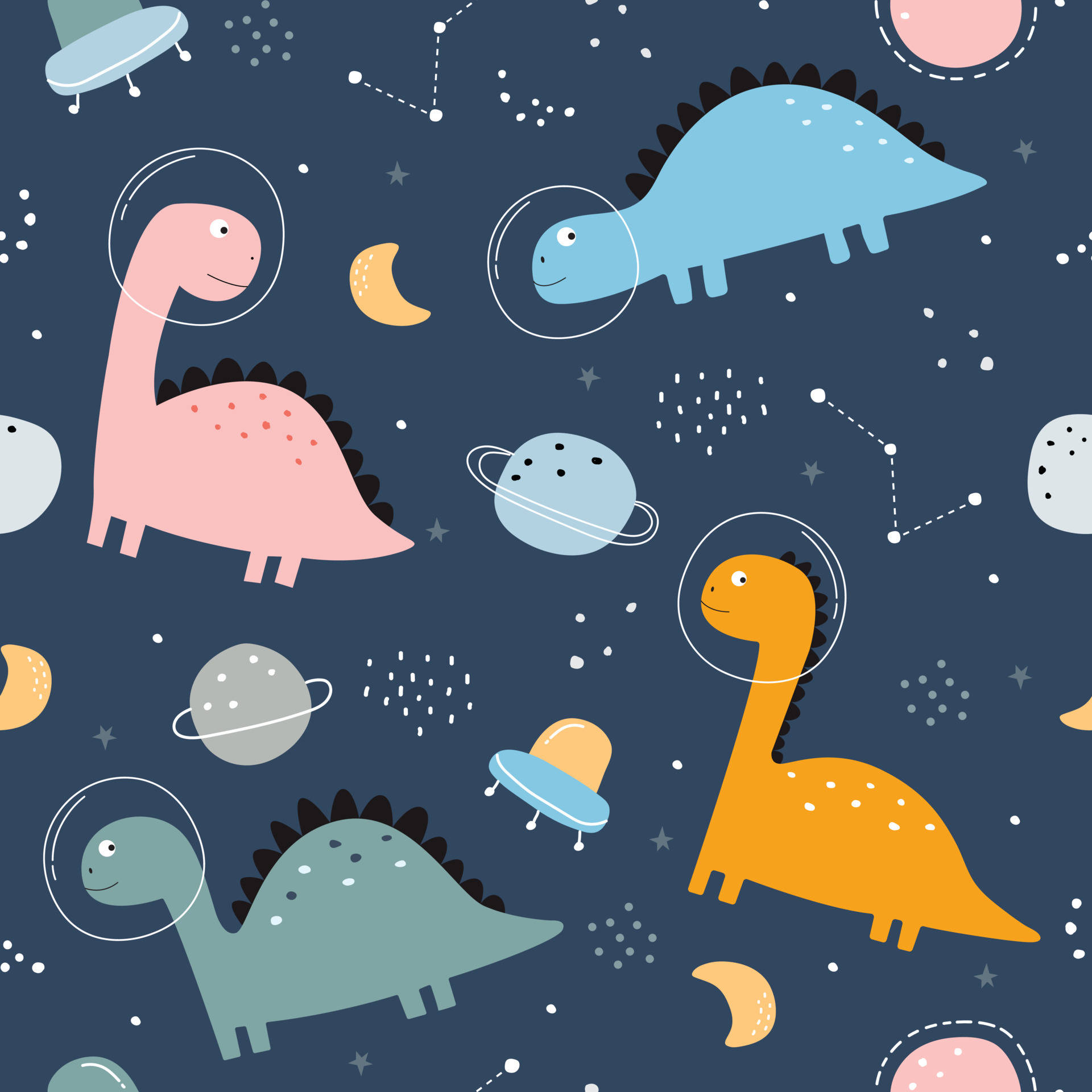 Cute Dinosaur Pattern 桌布 壁紙 — 可愛的卡通恐龍戴著太空人頭盔，在深藍色太空背景中漂浮於行星、星星和月亮之間。