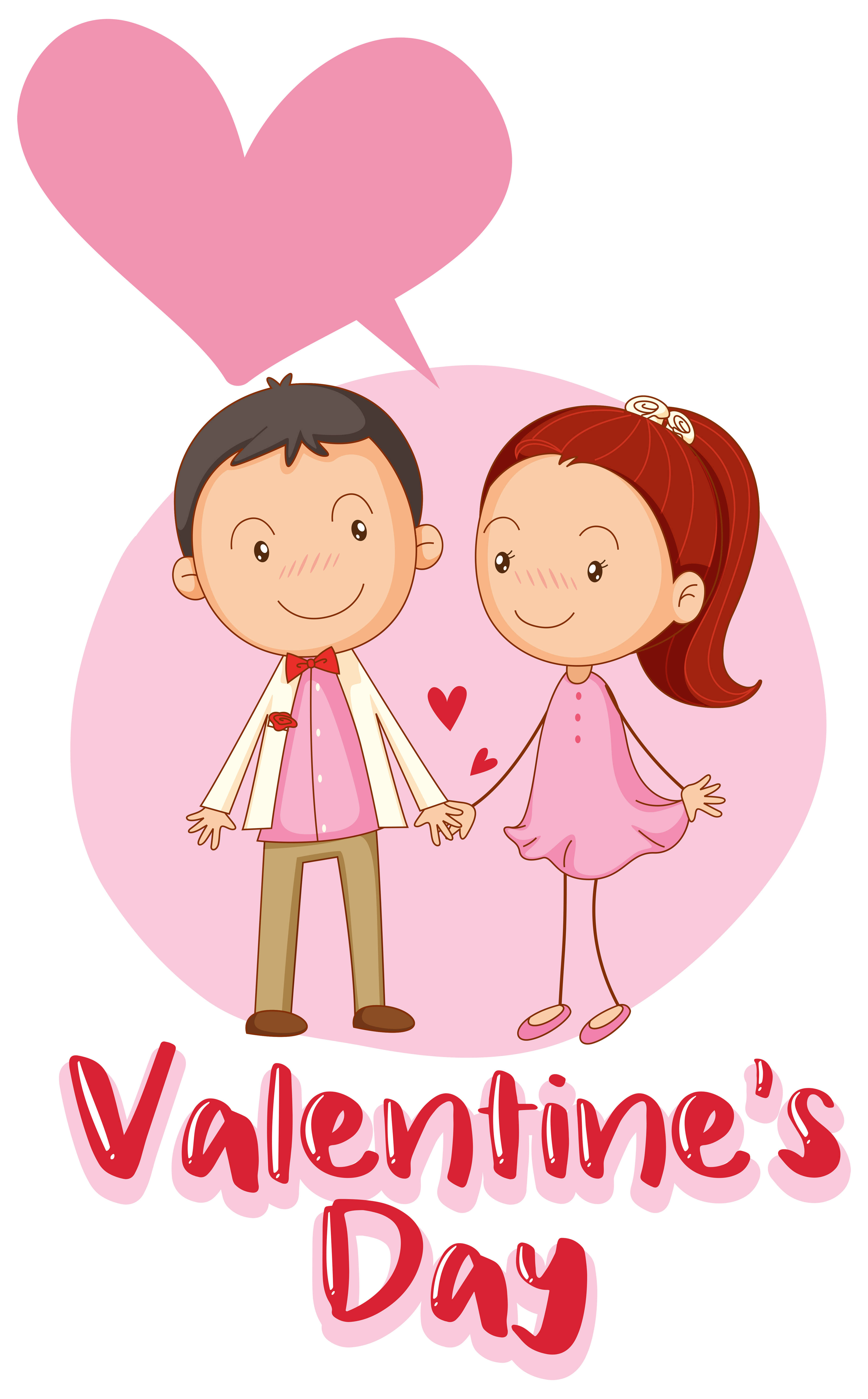 Valentines 桌布 壁紙 — 可愛的卡通情侶在粉紅色心形下手牽手，下方有「Valentine's Day」文字。