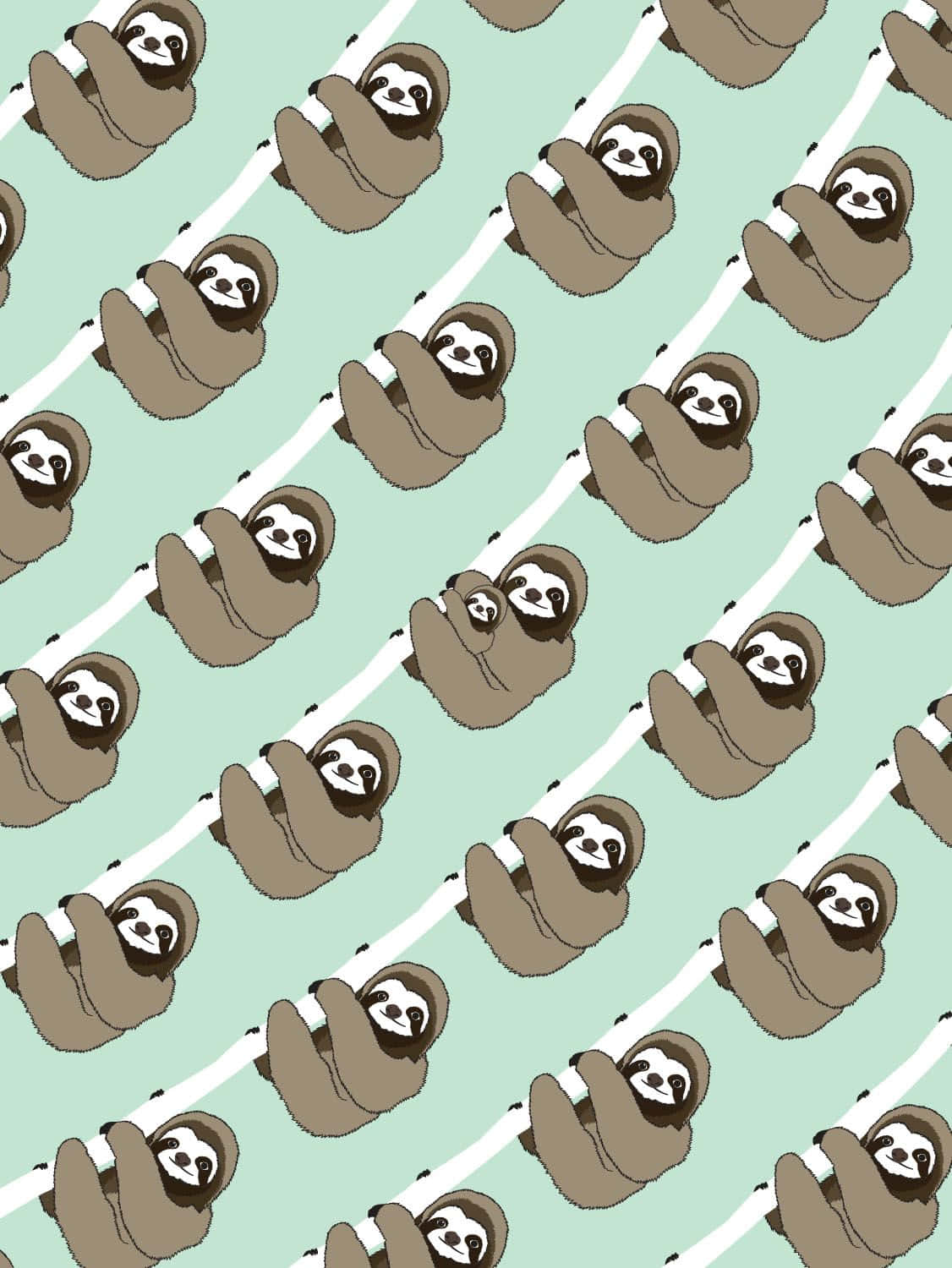 Kawaii Sloth 桌布 壁紙 — 可愛的卡通樹懶掛在白色樹枝上，背景是柔和的薄荷綠色，形成重複圖案。