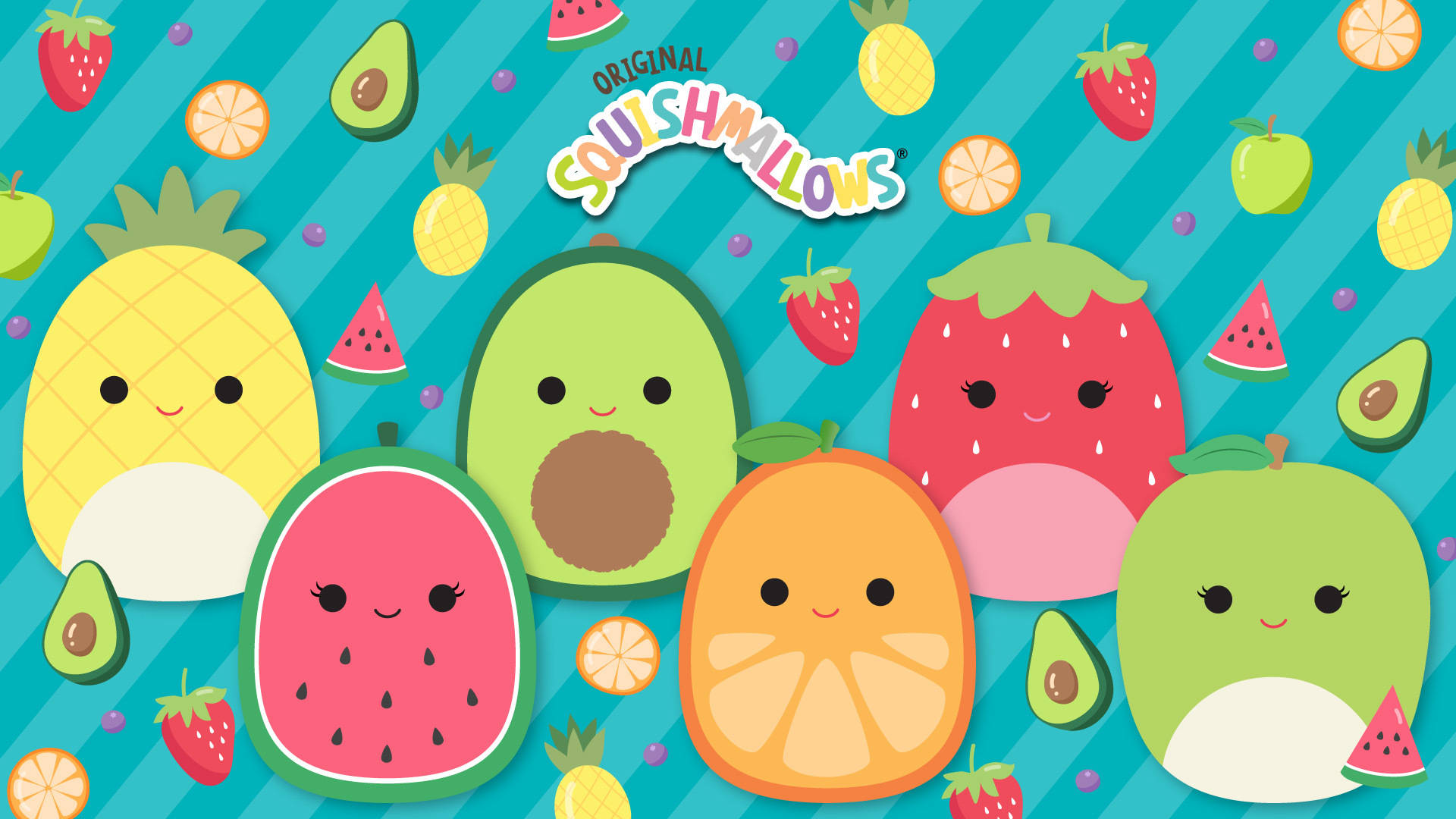 色彩繽紛的卡通水果角色帶著笑臉，背景是青綠色條紋。 — Squishmallows 壁紙