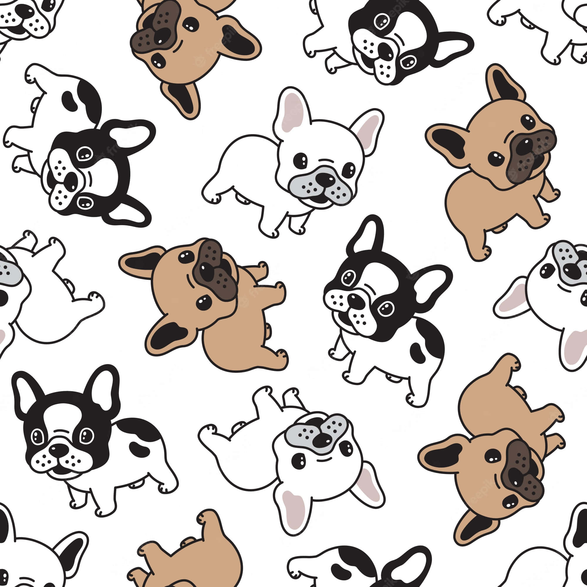 Bulldog 桌布 壁紙 — 可愛的卡通法國鬥牛犬以各種姿勢和顏色散佈在乾淨的白色背景上。