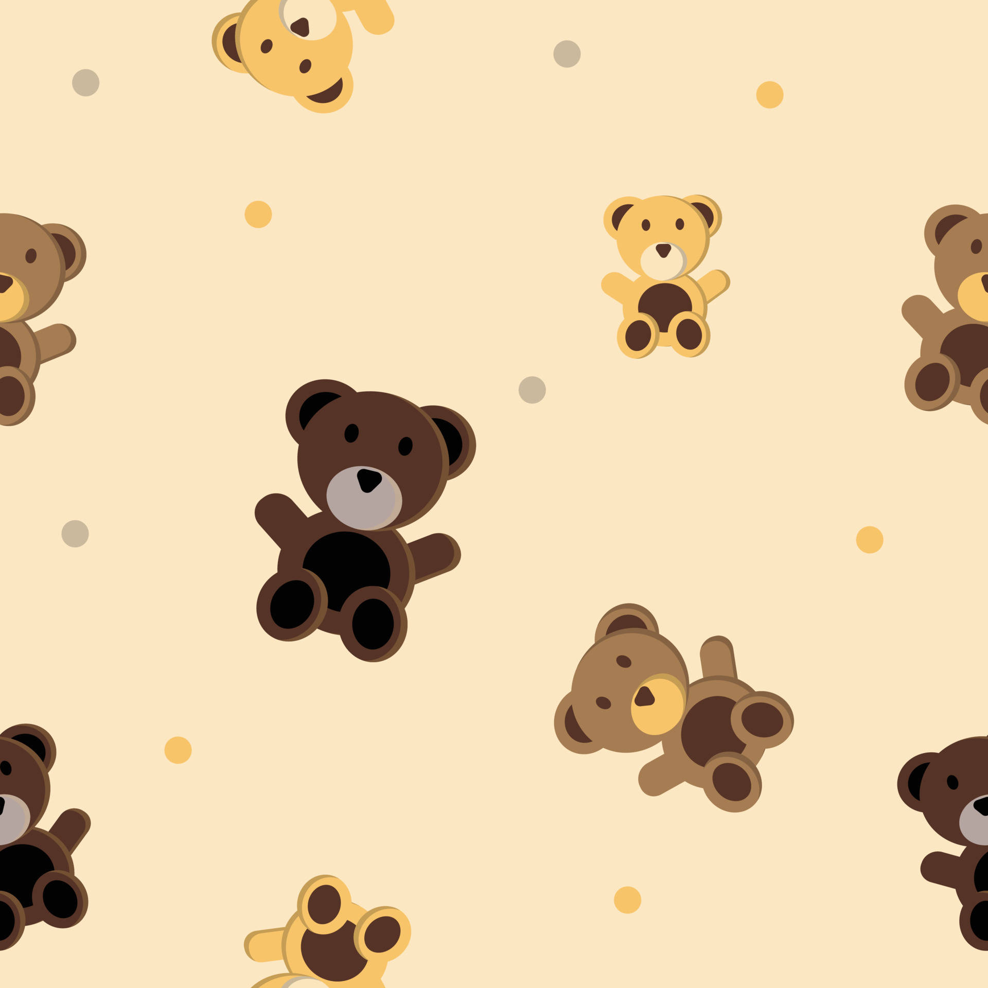 Cute Brown Bear 桌布 壁紙 — 可愛的卡通泰迪熊，棕色和黃色，在帶有散落圓點的柔和米色背景上頑皮地漂浮。