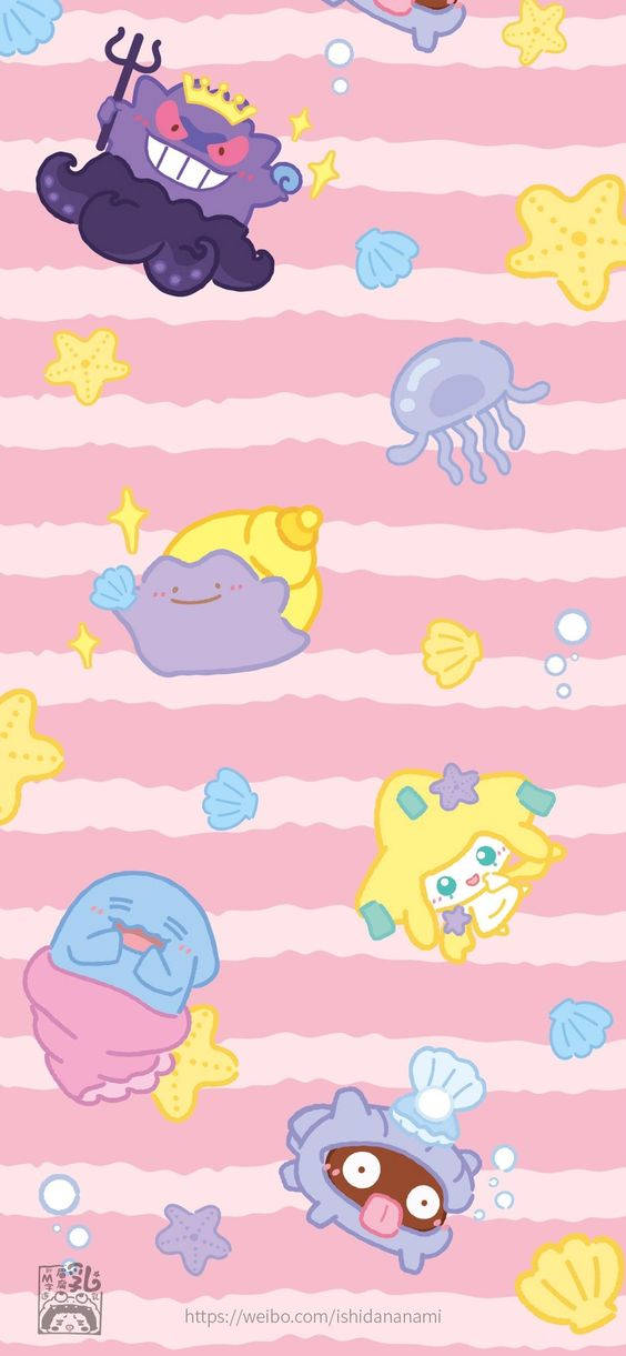 ditto 桌布 壁紙 — 可愛的卡通海洋生物和魔鬼國王在粉紅色條紋的海浪中游泳，伴隨著貝殼和泡泡。