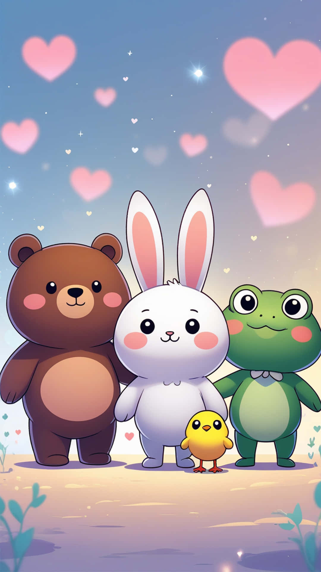 Soft Smiles & Sweet Hearts – Valentine’s Day in Cute Style 壁紙 — 可愛的卡通熊、兔子、青蛙和小雞一起站在充滿粉紅色愛心和閃爍星星的天空下。