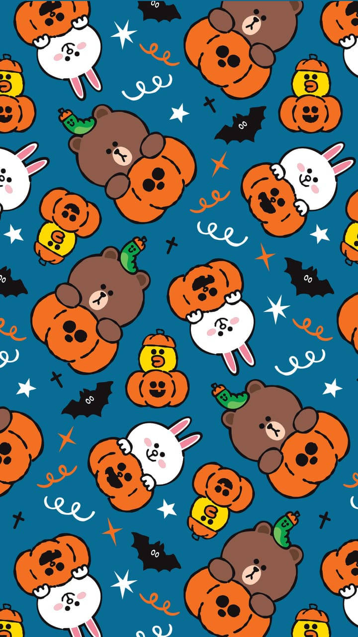 Line 桌布 壁紙 — 可愛的卡通熊和兔子穿著橙色南瓜服裝，在深藍色萬聖節夜空中跳舞，有蝙蝠和星星。