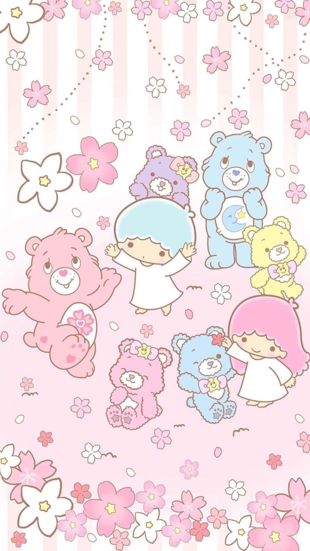 Kawaii Bear 桌布 壁紙 — 可愛的卡通熊和女孩在粉紅色條紋背景上，櫻花飄落，呈現柔和粉色調。