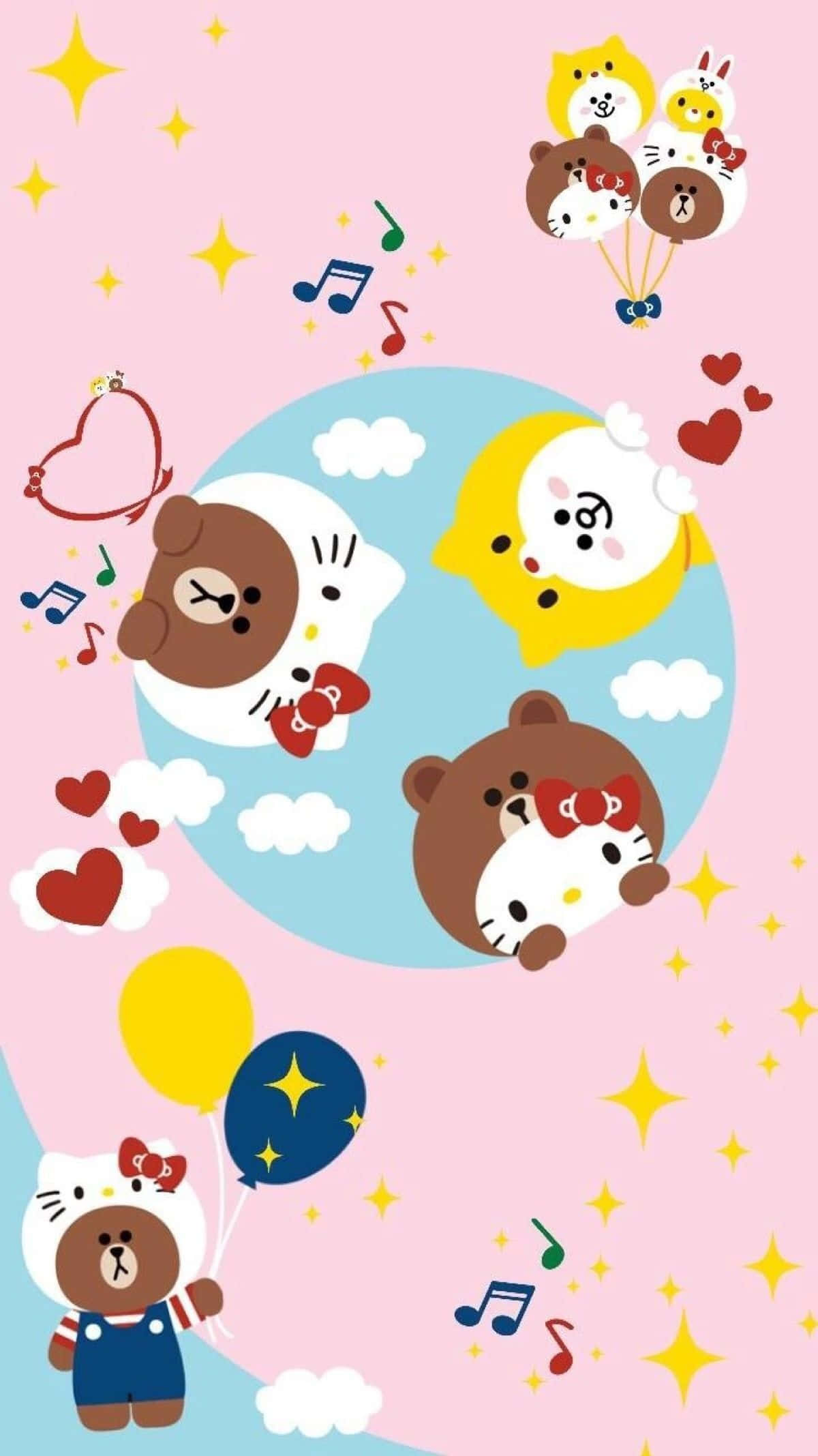Hello Kitty And Friends 桌布 壁紙 — 可愛的卡通熊和貓在粉紅色的天空中漂浮，周圍有氣球、愛心和音符。