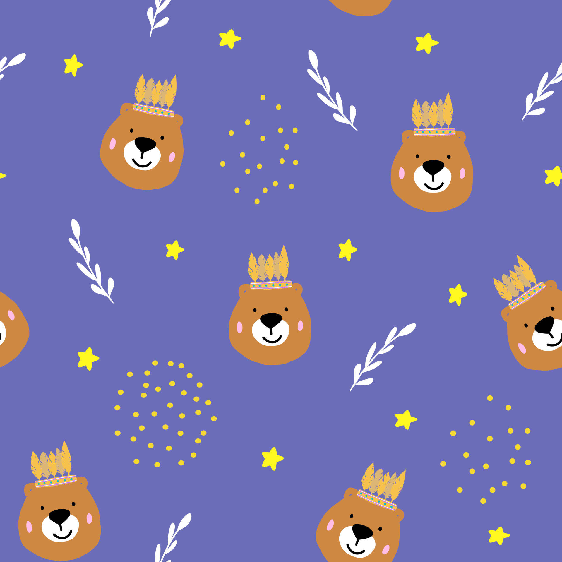 Cute Brown Bear 桌布 壁紙 — 可愛的卡通熊戴著金色皇冠，在紫色背景上漂浮在黃色星星和白色葉子之間。