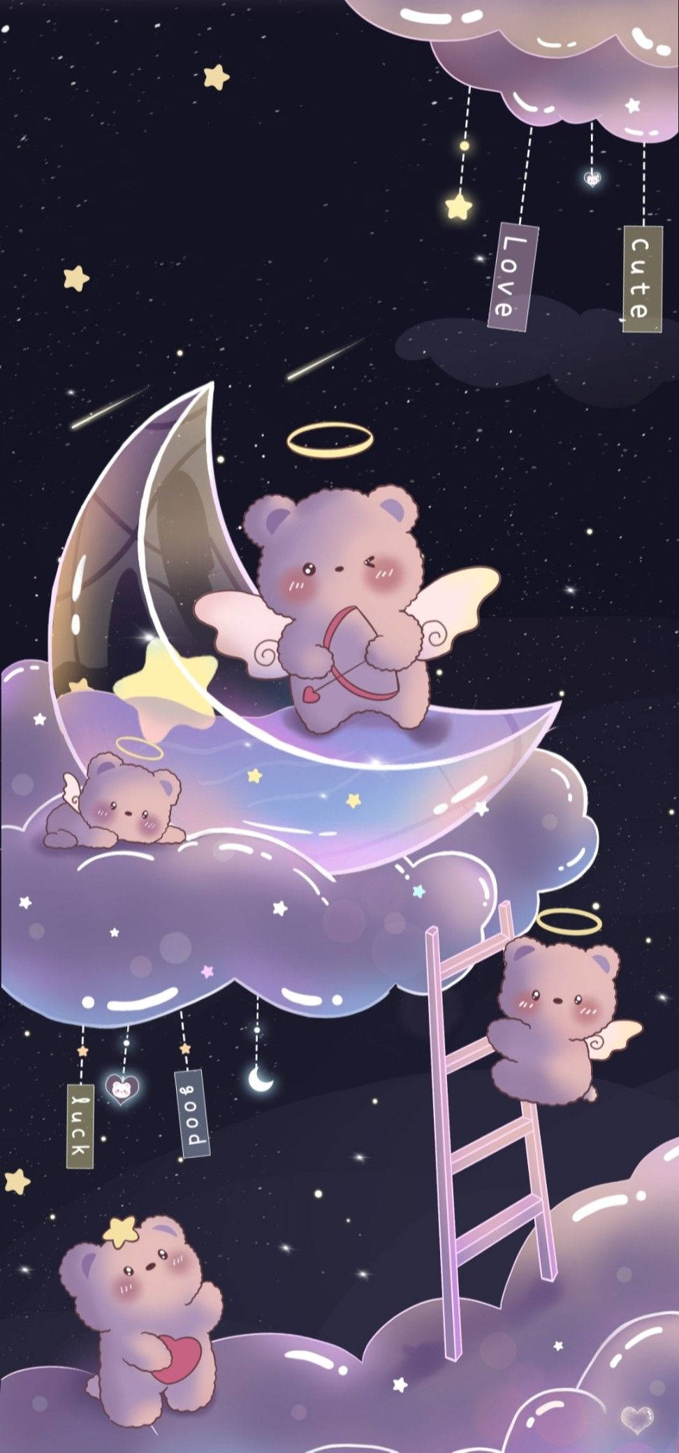 bear love 桌布 壁紙 — 可愛的卡通熊有翅膀坐在新月和雲上，在繁星點點的夜空下，有漂浮的標籤。