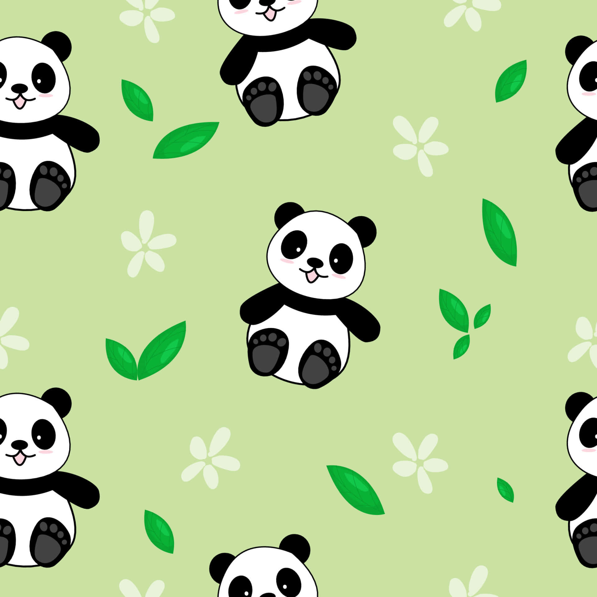 Girly Panda 桌布 壁紙 — 可愛的卡通熊貓，粉紅色的臉頰，漂浮在綠色葉子和白色花朵之間，背景是柔和的薄荷色。