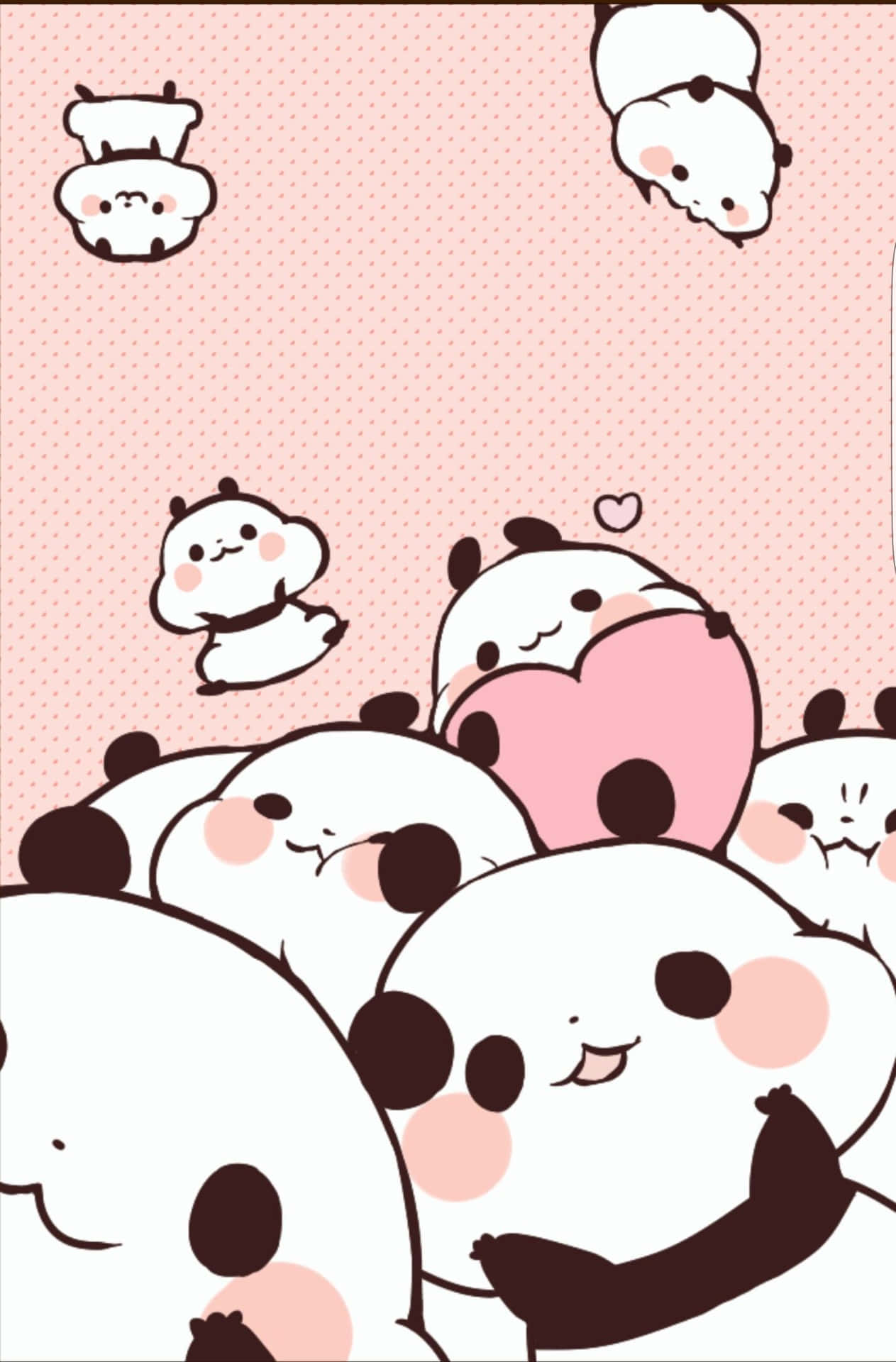 Kawaii Panda 桌布 壁紙 — 可愛的卡通熊貓，臉頰紅潤，在柔軟的粉紅色圓點背景上漂浮和依偎。