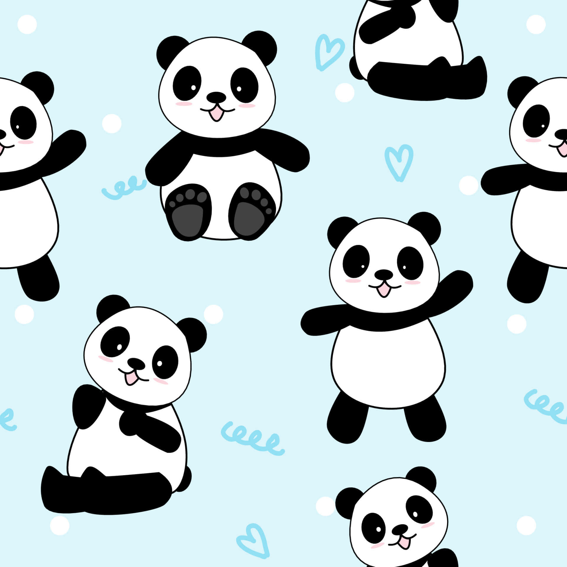 Girly Panda 桌布 壁紙 — 可愛的卡通熊貓以各種俏皮姿勢漂浮在淺藍色背景上，周圍有心形和泡泡。