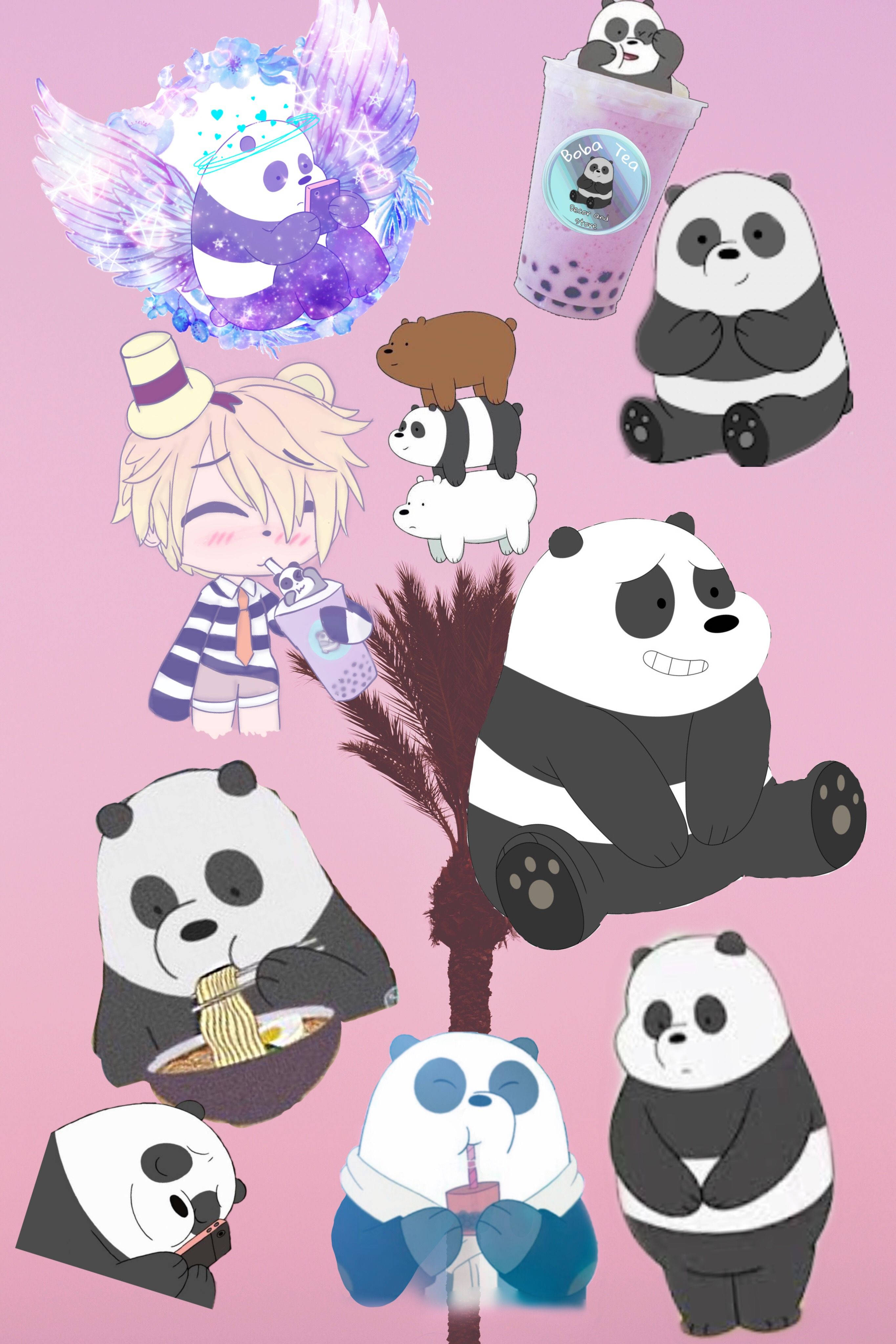 熊貓 桌布 壁紙 — 可愛的卡通熊貓以各種奇思妙想的姿勢和服裝，在柔和的粉紅色背景上。