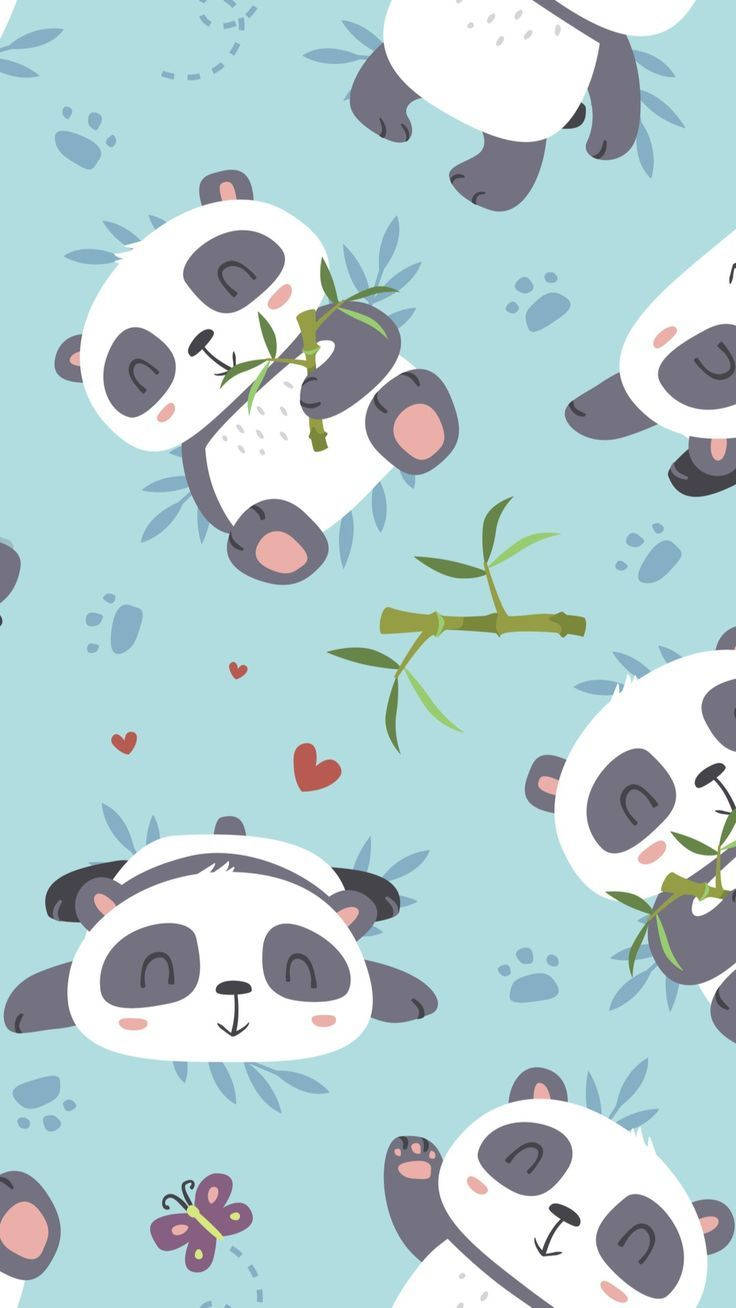 圖案 桌布 壁紙 — 可愛的卡通熊貓以各種姿勢吃竹子或休息，背景為淺藍色，帶有腳印和心形圖案。