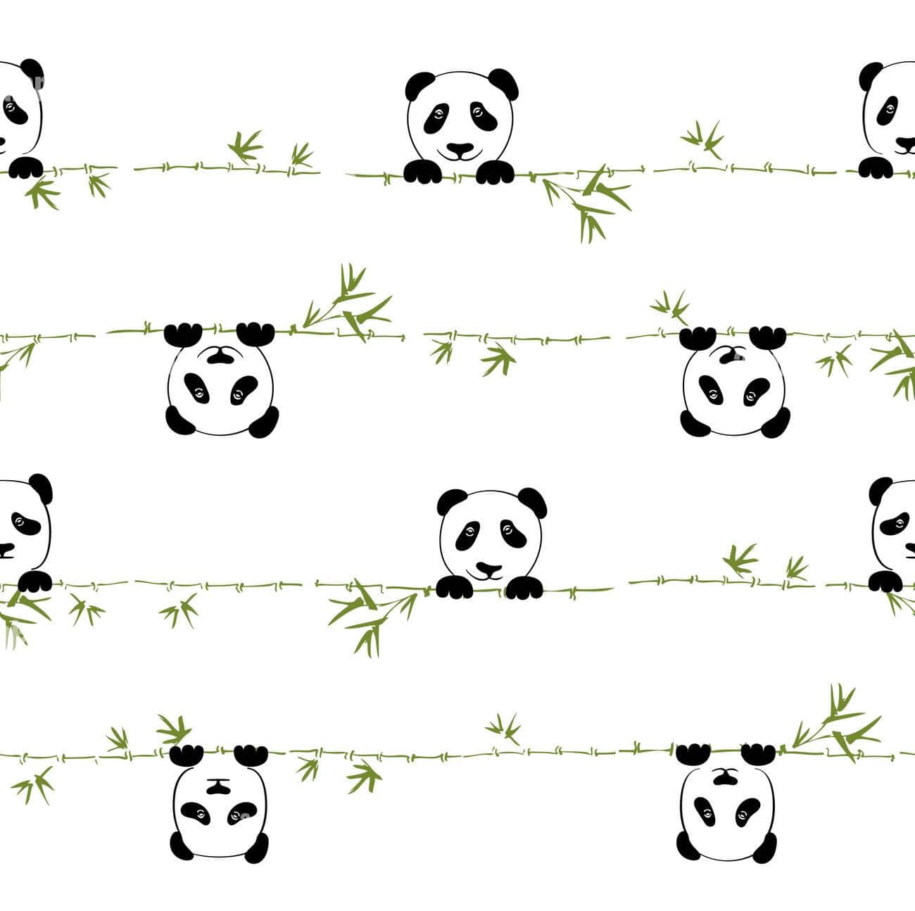 Cute Panda 桌布 壁紙 — 可愛的卡通熊貓在白色背景上重複的俏皮圖案中從竹莖上探出頭來。