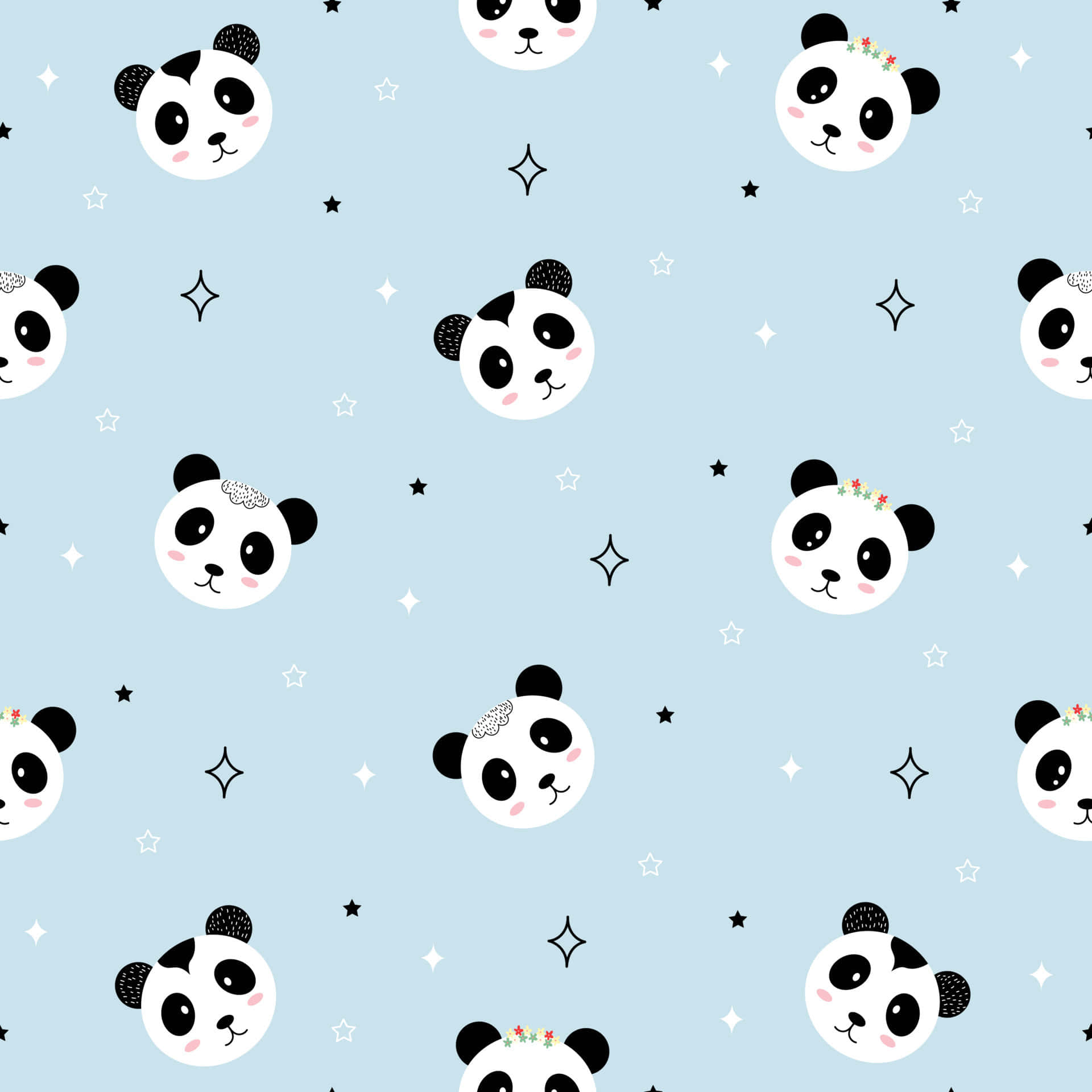 Girly Panda 桌布 壁紙 — 可愛的卡通熊貓頭戴著花冠，漂浮在點綴著星星和閃光的柔和藍色背景上。