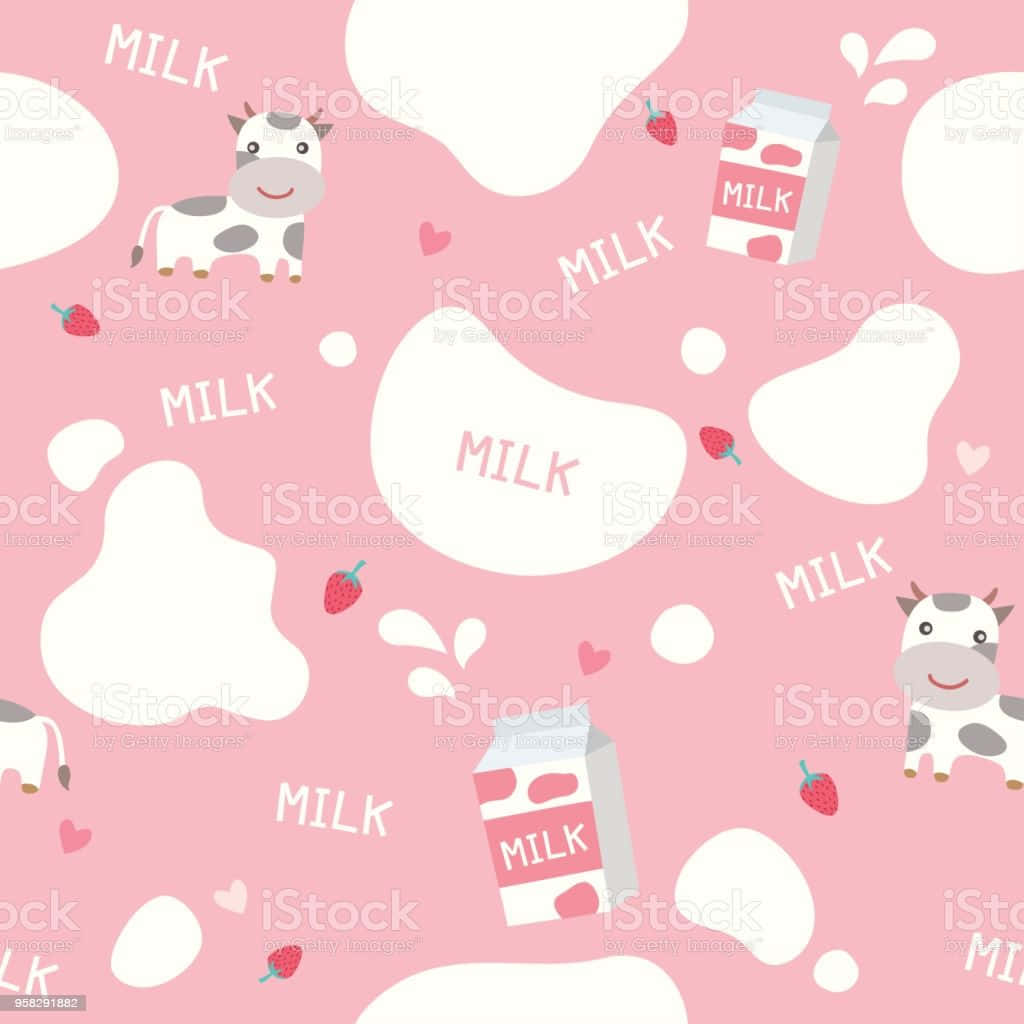 Kawaii Cow 桌布 壁紙 — 可愛的卡通牛和牛奶盒在粉紅色背景上漂浮在白色牛奶飛濺和草莓之間。