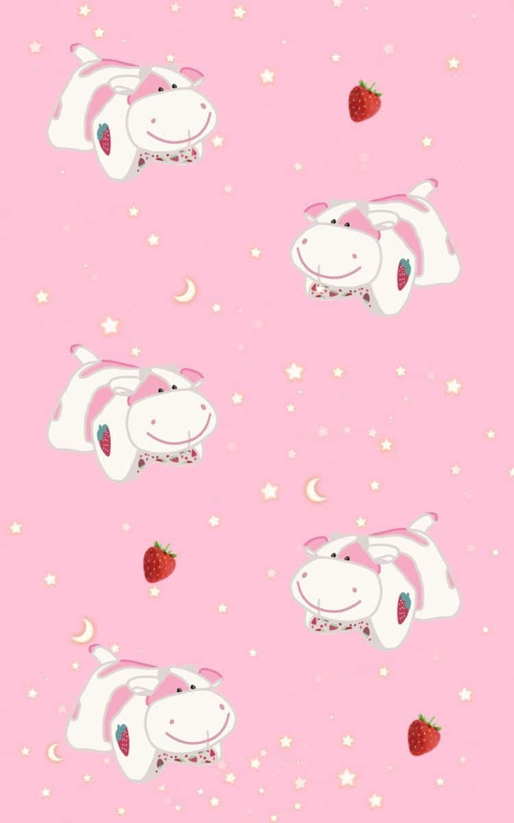 Kawaii Cow 桌布 壁紙 — 可愛的卡通牛帶有草莓點綴，在柔和的粉紅色背景上漂浮在星星和彎月之間。