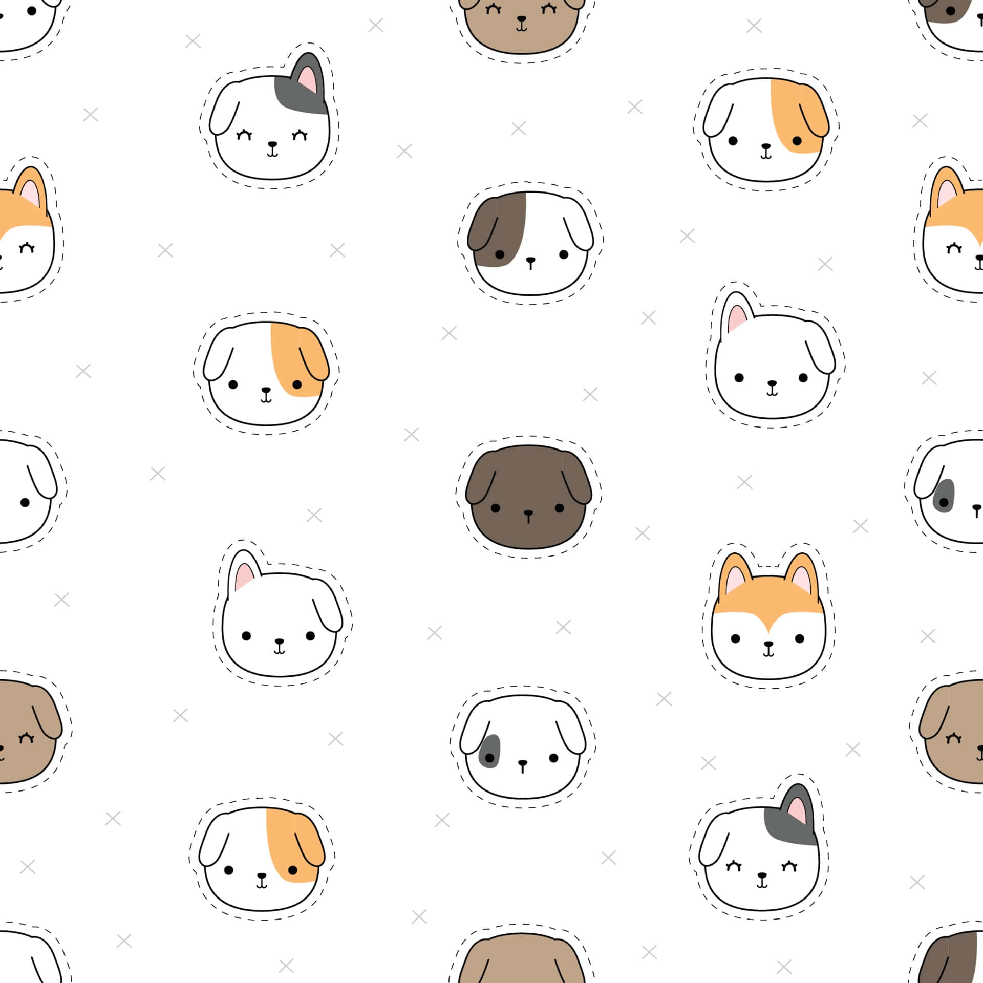 Cute Cartoon Dog 桌布 壁紙 — 可愛的卡通狗和貓頭像以粉彩顏色排列成有趣的重复圖案。