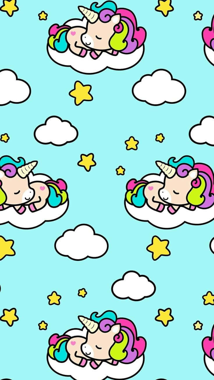 Cute Stars 桌布 壁紙 — 可愛的卡通獨角獸在蓬鬆的雲朵上安然入睡，背景是點綴著黃色星星的粉藍色天空。