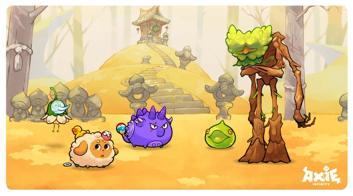 Axie 桌布 壁紙 — 可愛的卡通生物在溫暖的金色光芒下聚集在一個奇特的森林中，那裡有一個像樹一樣的巨人和一個石頭神社。