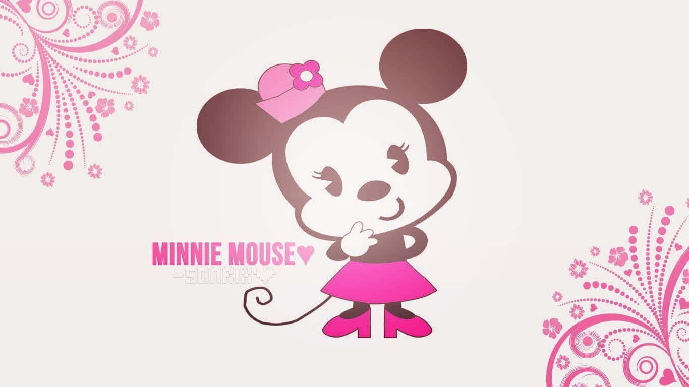 Minnie Mouse Pink 桌布 壁紙 — 可愛的卡通米妮老鼠穿著粉紅色連衣裙和蝴蝶結，在淺色背景上微笑，帶有花卉漩渦。
