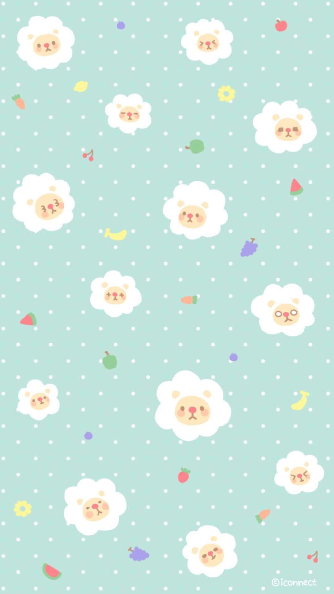 Cute Phone 桌布 壁紙 — 可愛的卡通羊臉在薄荷綠色背景上漂浮在水果和白色圓點之間。