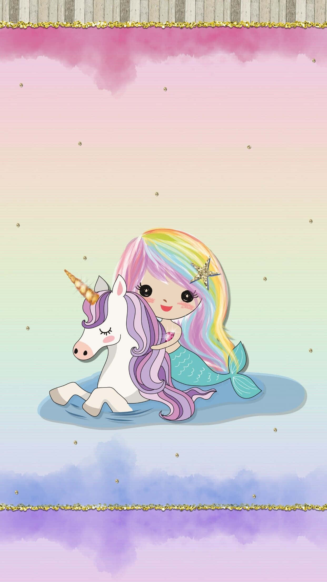 Kawaii Mermaid 桌布 壁紙 — 可愛的卡通美人魚擁有彩虹頭髮，騎著獨角獸穿越點綴著亮粉的粉彩漸變天空。