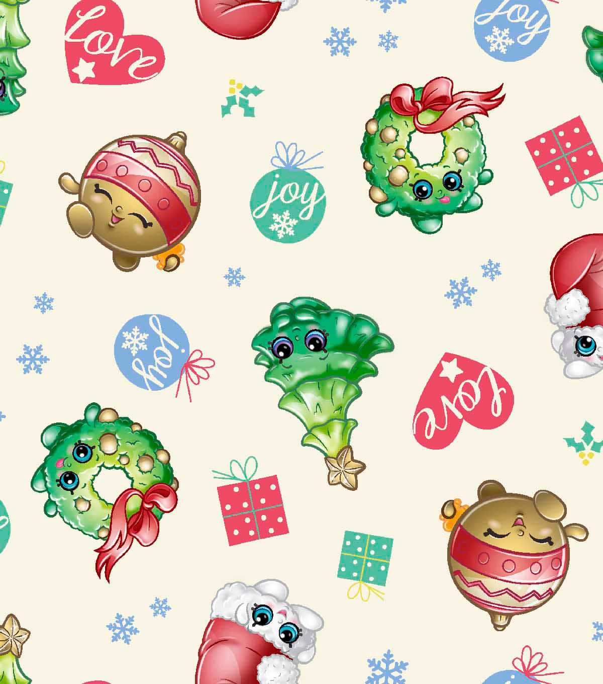 Christmas Clip Art 桌布 壁紙 — 可愛的卡通聖誕裝飾和角色，如花環和雪花，散落在奶油色背景上。