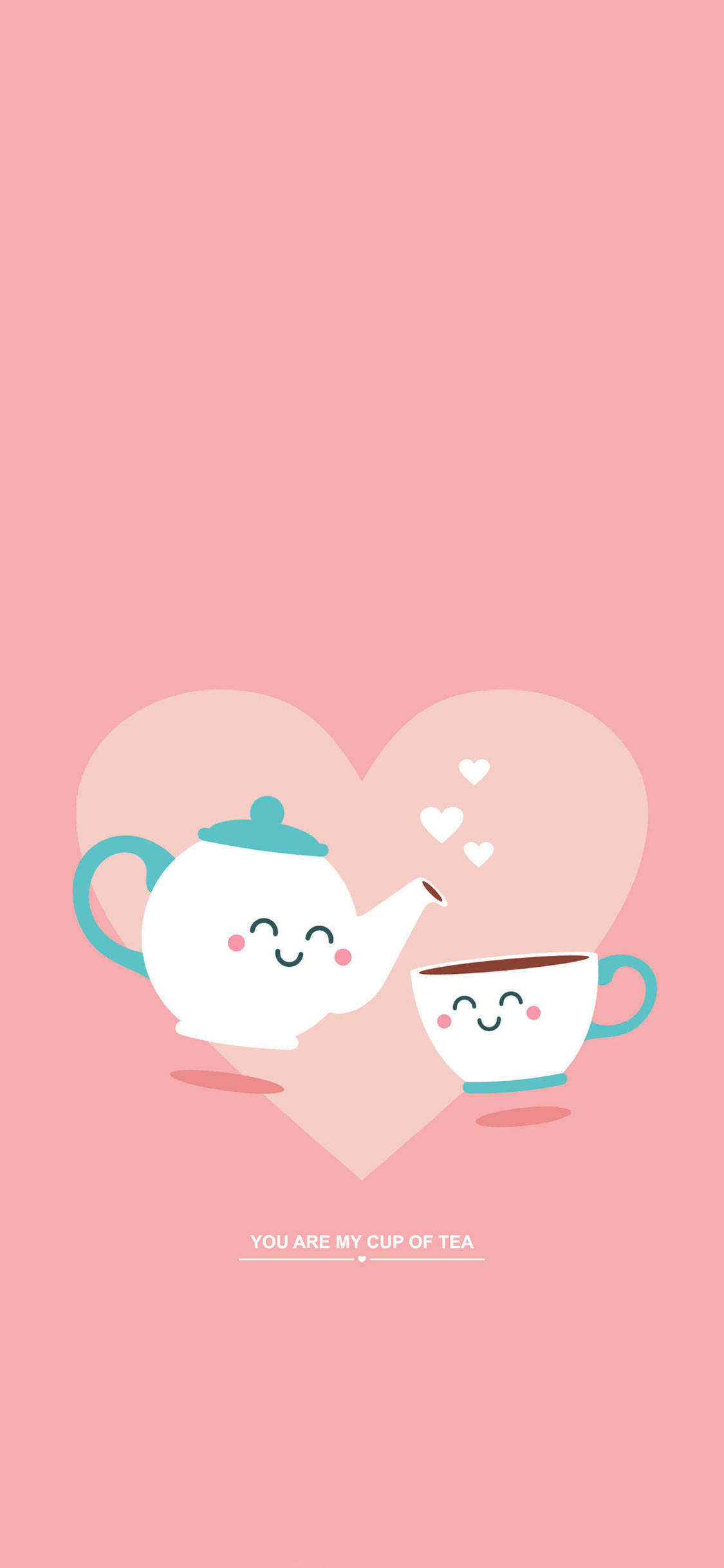 cute girly phone 桌布 壁紙 — 可愛的卡通茶壺和茶杯帶著笑臉，在柔和的粉紅色背景上分享一個心形時刻。