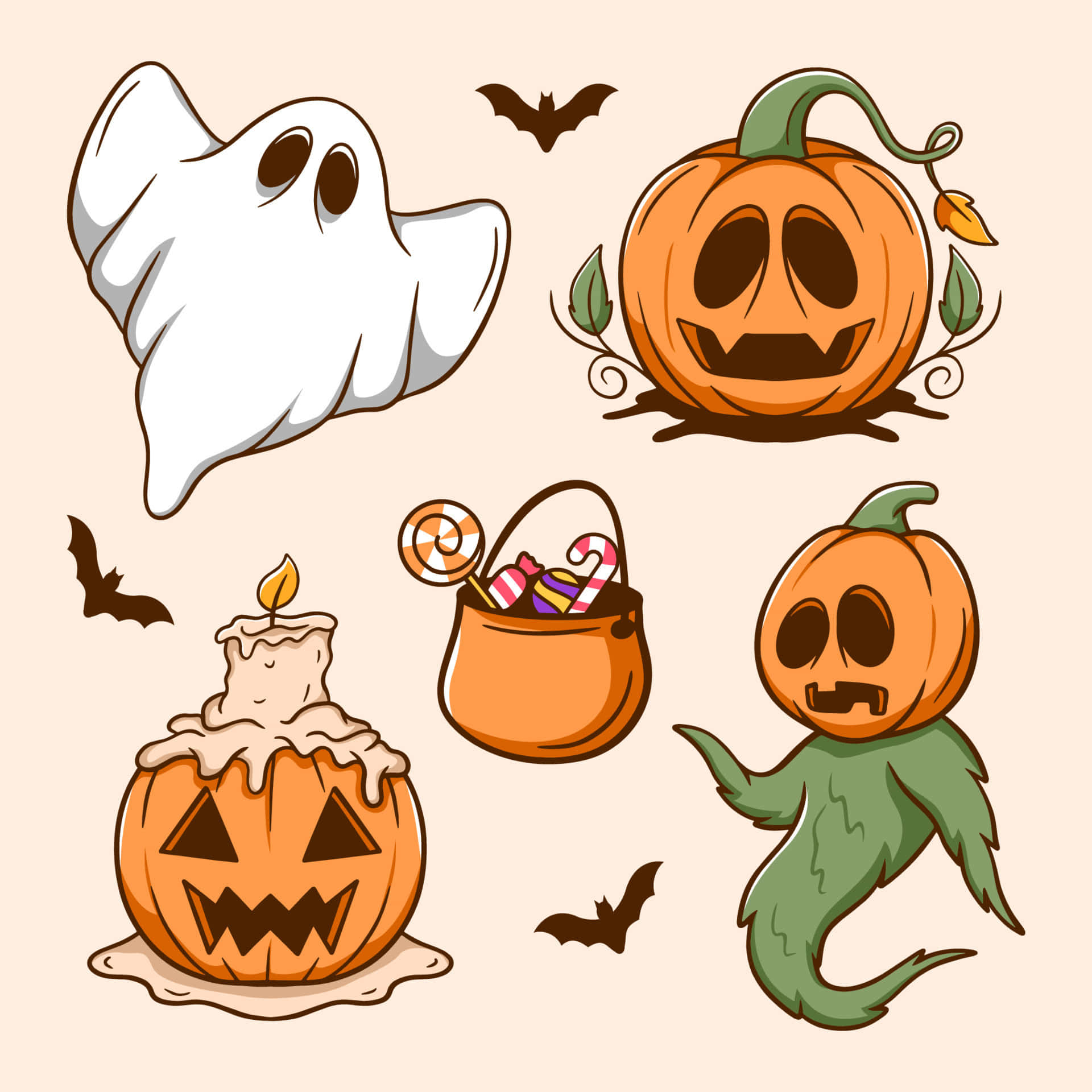 Aesthetic Cute Halloween 桌布 壁紙 — 可愛的卡通萬聖節圖示，包括鬼魂、南瓜、蝙蝠和糖果桶，背景為柔和的米色。