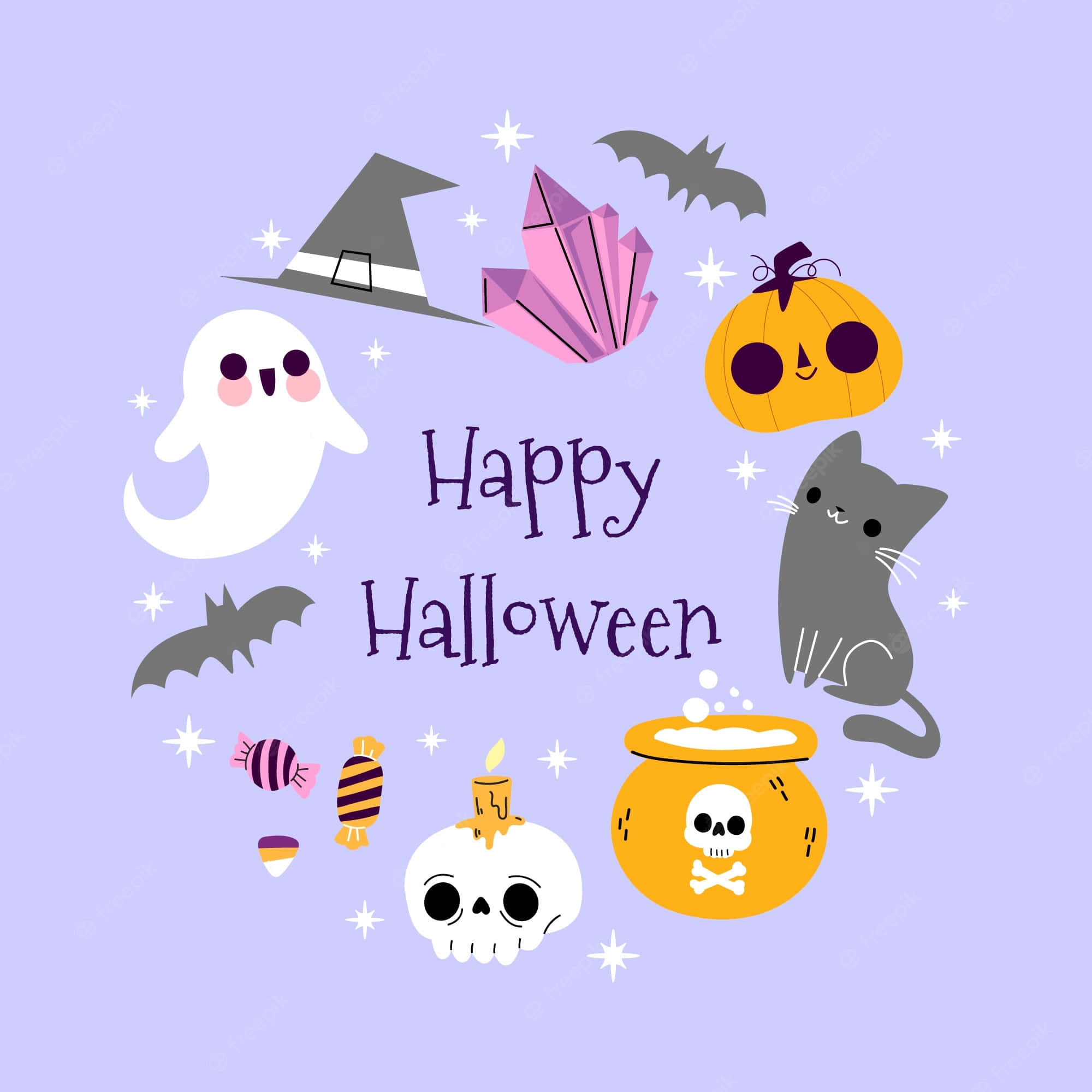 Pastel Halloween 桌布 壁紙 — 可愛的卡通萬聖節角色，如鬼魂、蝙蝠和南瓜，在紫色背景上漂浮，伴有閃光和糖果。