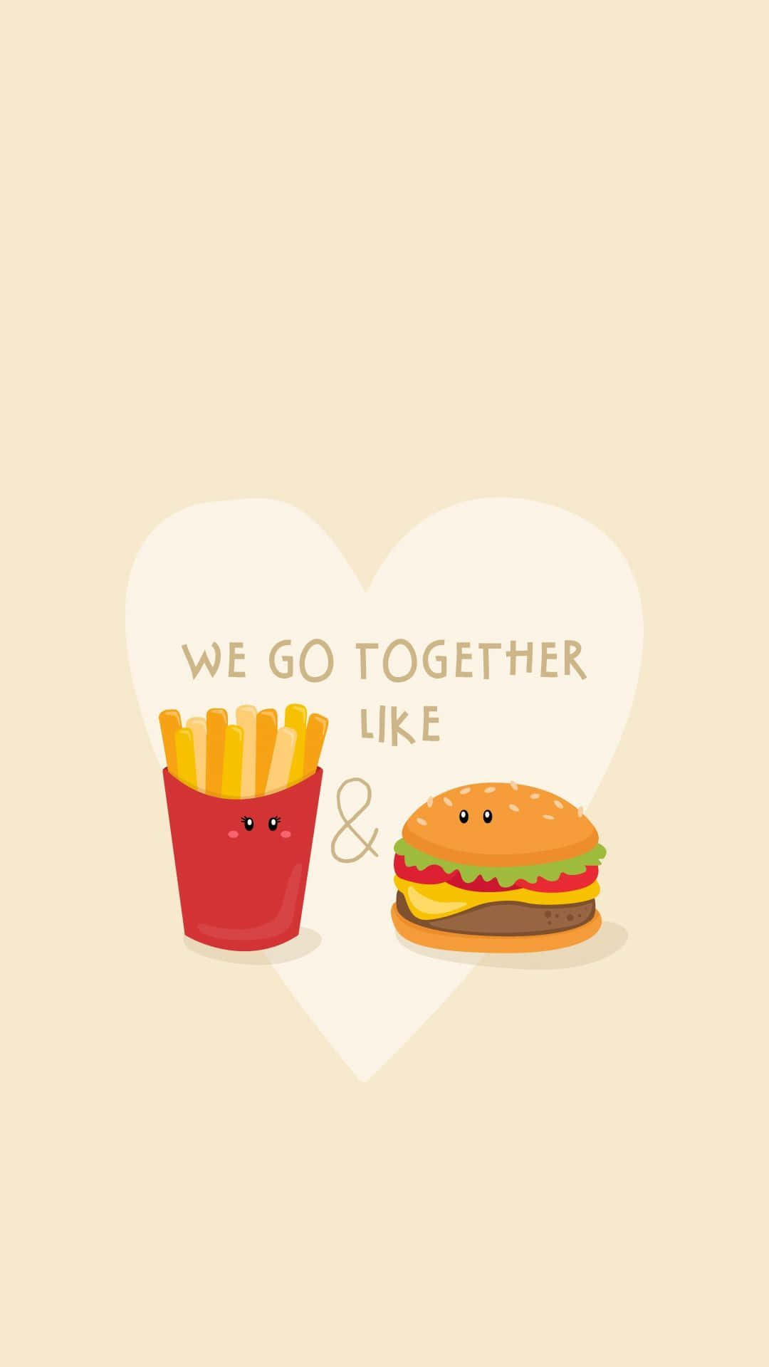 Cute Food iPhone 桌布 壁紙 — 可愛的卡通薯條和漢堡有臉孔一起站在心形內，文字說它們就是這樣配在一起。