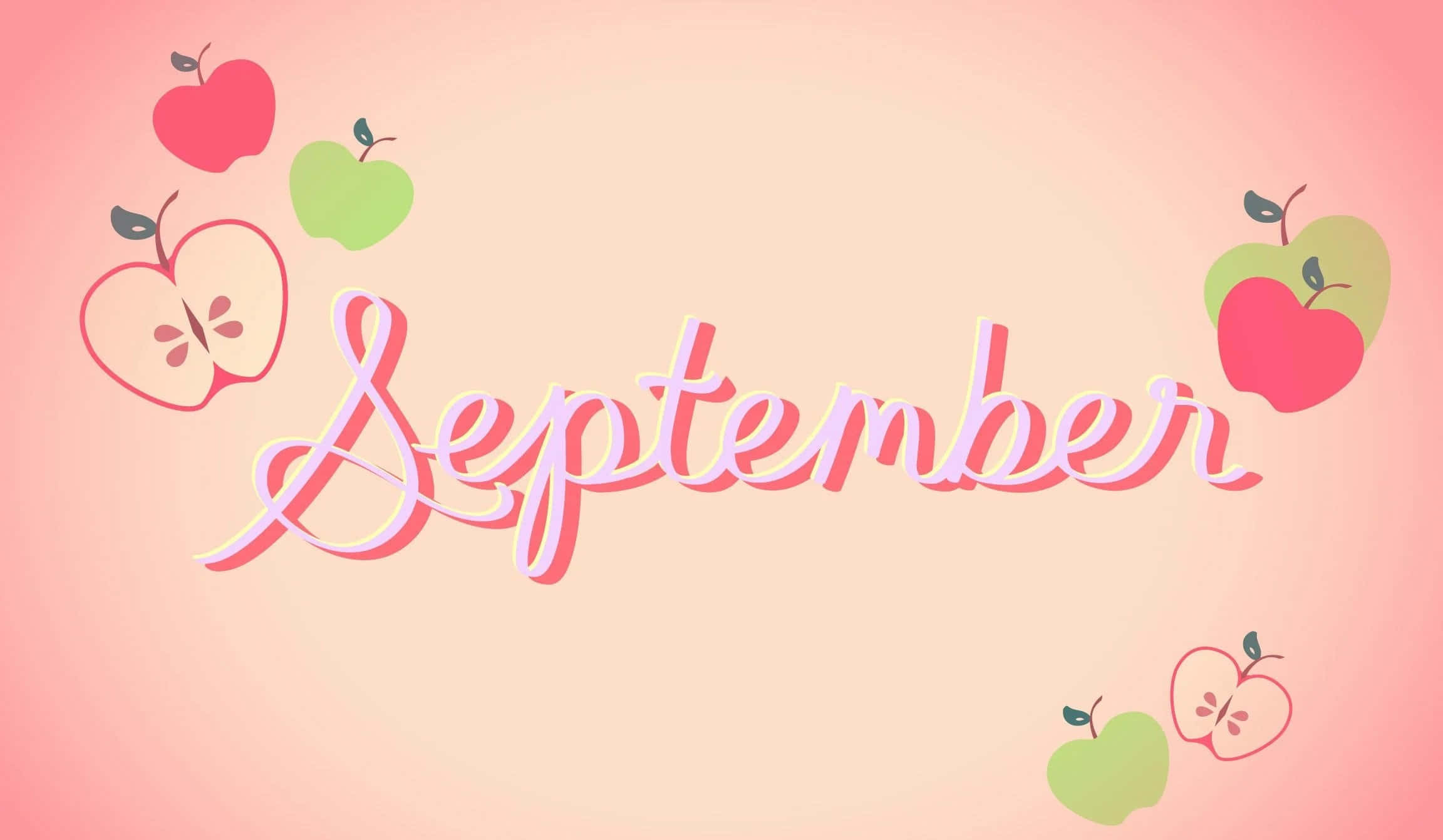 September 桌布 壁紙 — 可愛的卡通蘋果圍繞著「September」這個詞，採用柔和的粉紅色和蜜桃色調。