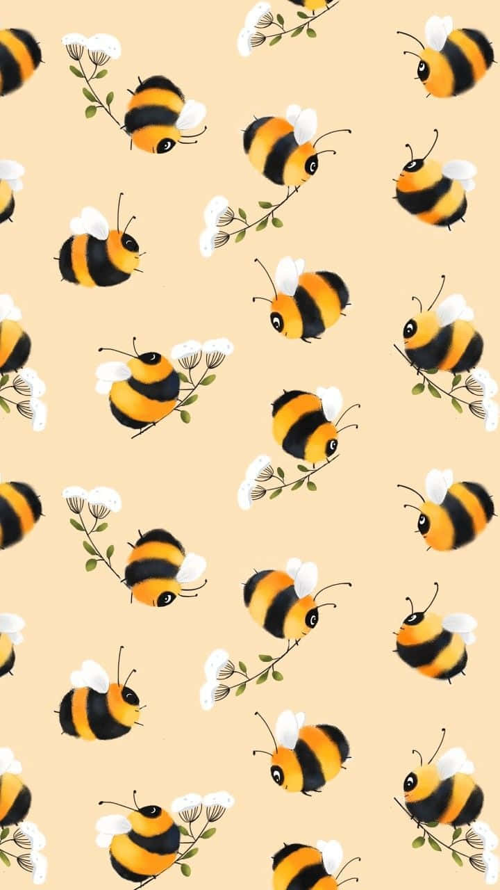 bees 桌布 壁紙 — 可愛的卡通蜜蜂，白色翅膀，在柔和的米色背景上，靠近精緻的白色花朵盤旋。