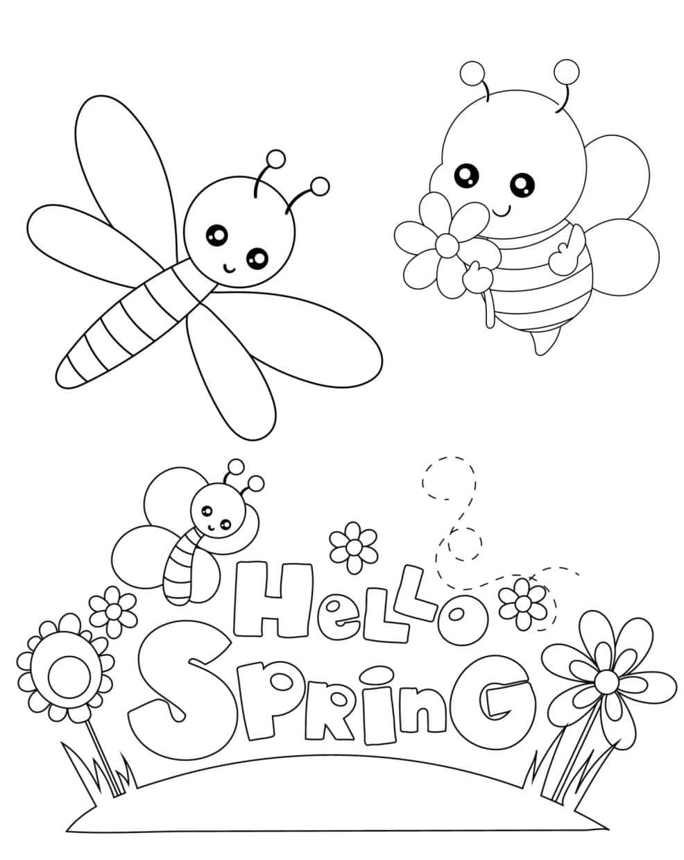 Spring Coloring 桌布 壁紙 — 可愛的卡通蜜蜂和蜻蜓在帶有花朵的「Hello Spring」文字上方飛翔的黑白填色頁。