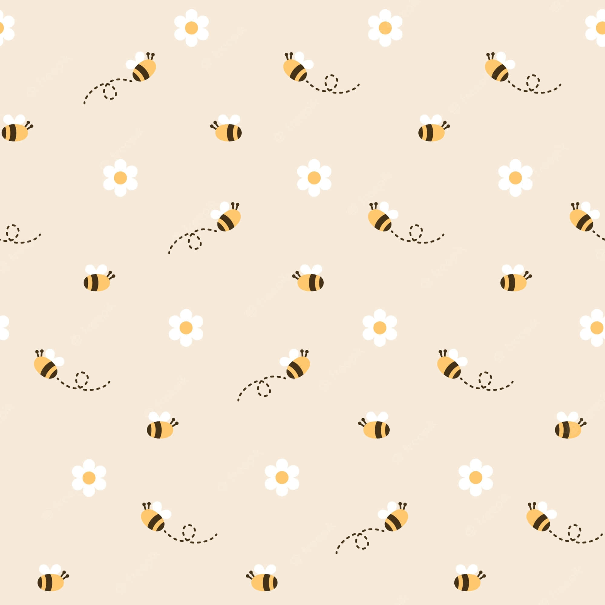 Bee 桌布 壁紙 — 可愛的卡通蜜蜂和雛菊漂浮在柔軟的米色背景上，形成俏皮的重複圖案。