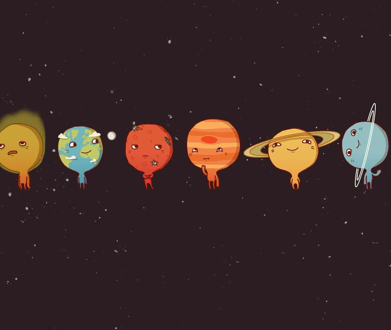Cute Animated 桌布 壁紙 — 可愛的卡通行星，有臉和四肢，漂浮在星空的黑暗太空背景中。