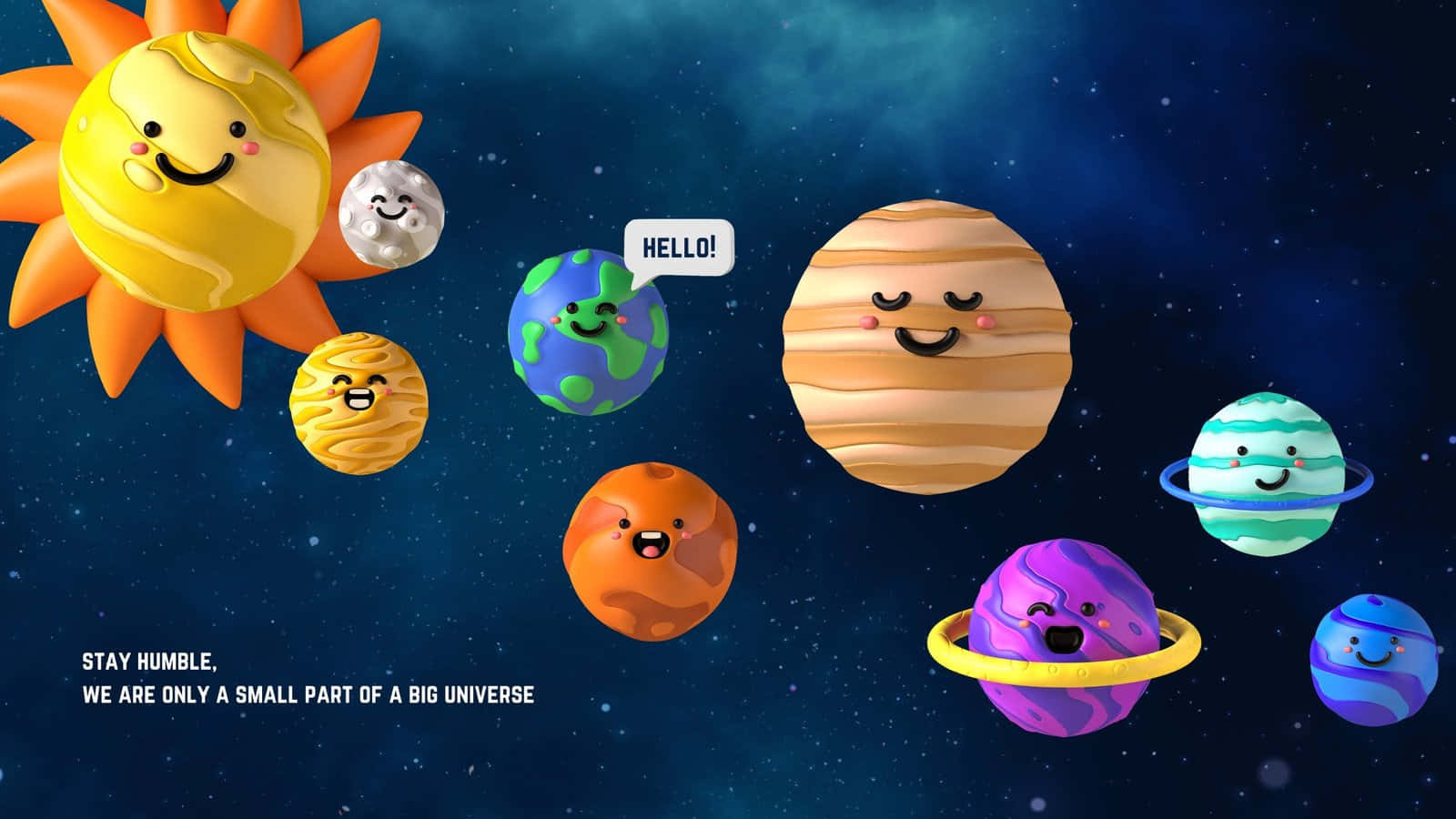 iPhone 桌布 壁紙 — 可愛的卡通行星和太陽帶著笑臉漂浮在星空背景中，並附有勵志名言。
