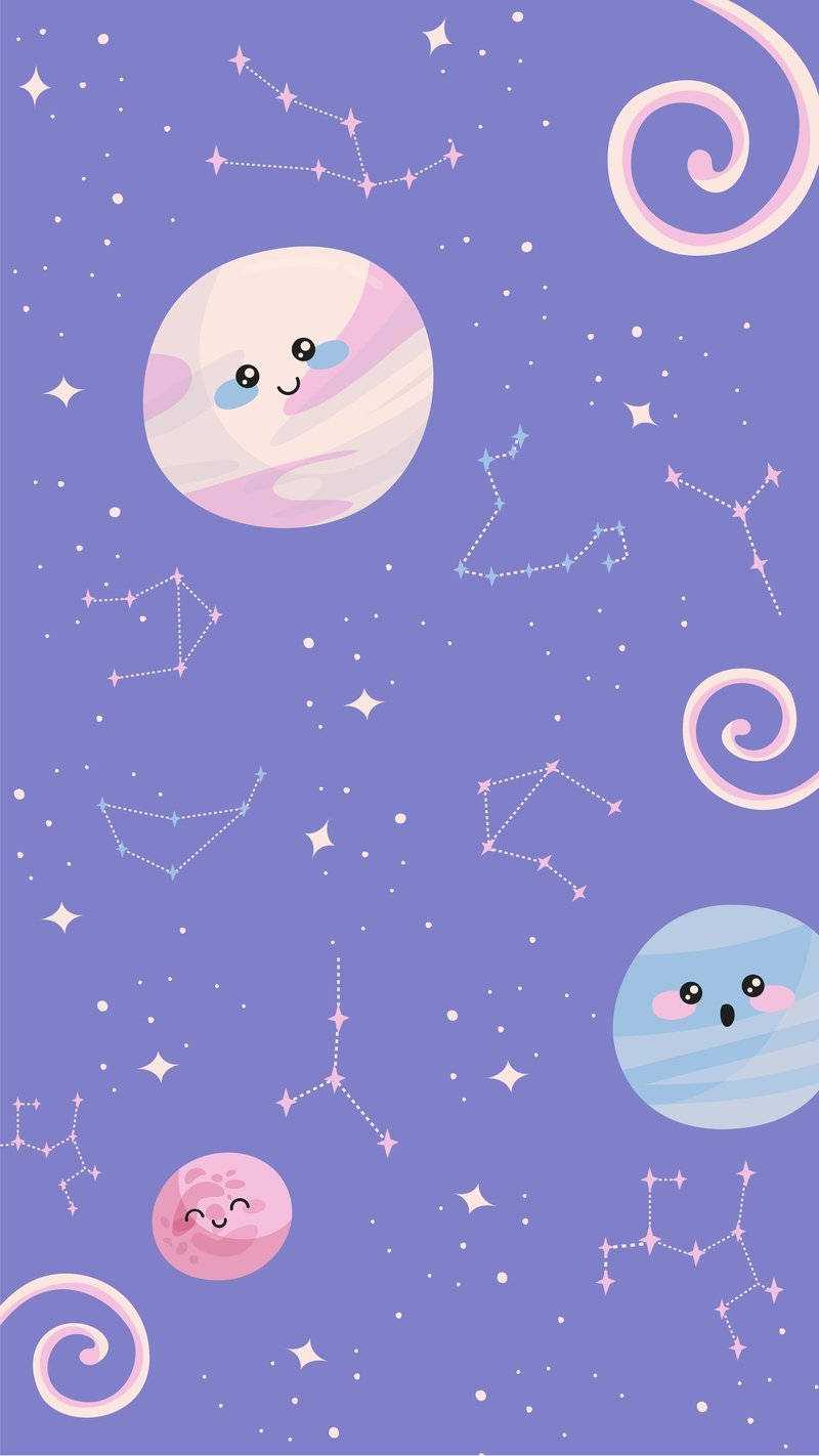 粉彩可愛動圖 桌布 壁紙 — 可愛的卡通行星帶著笑臉，在柔和的紫色背景上漂浮在星星和星座之間。