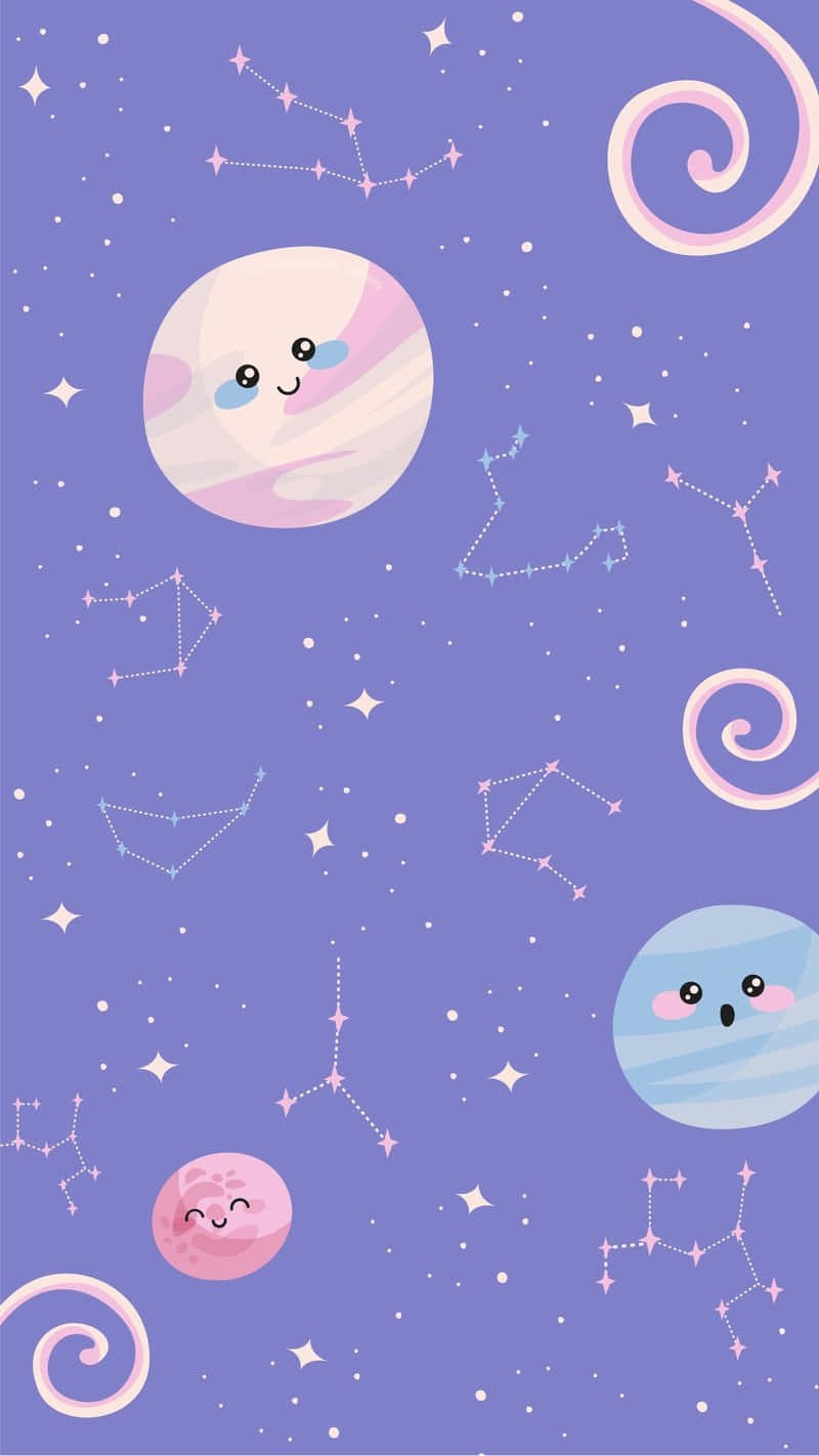 Cute Space 桌布 壁紙 — 可愛的卡通行星帶著笑臉在柔和的紫色背景上漂浮在星星和星座之間。