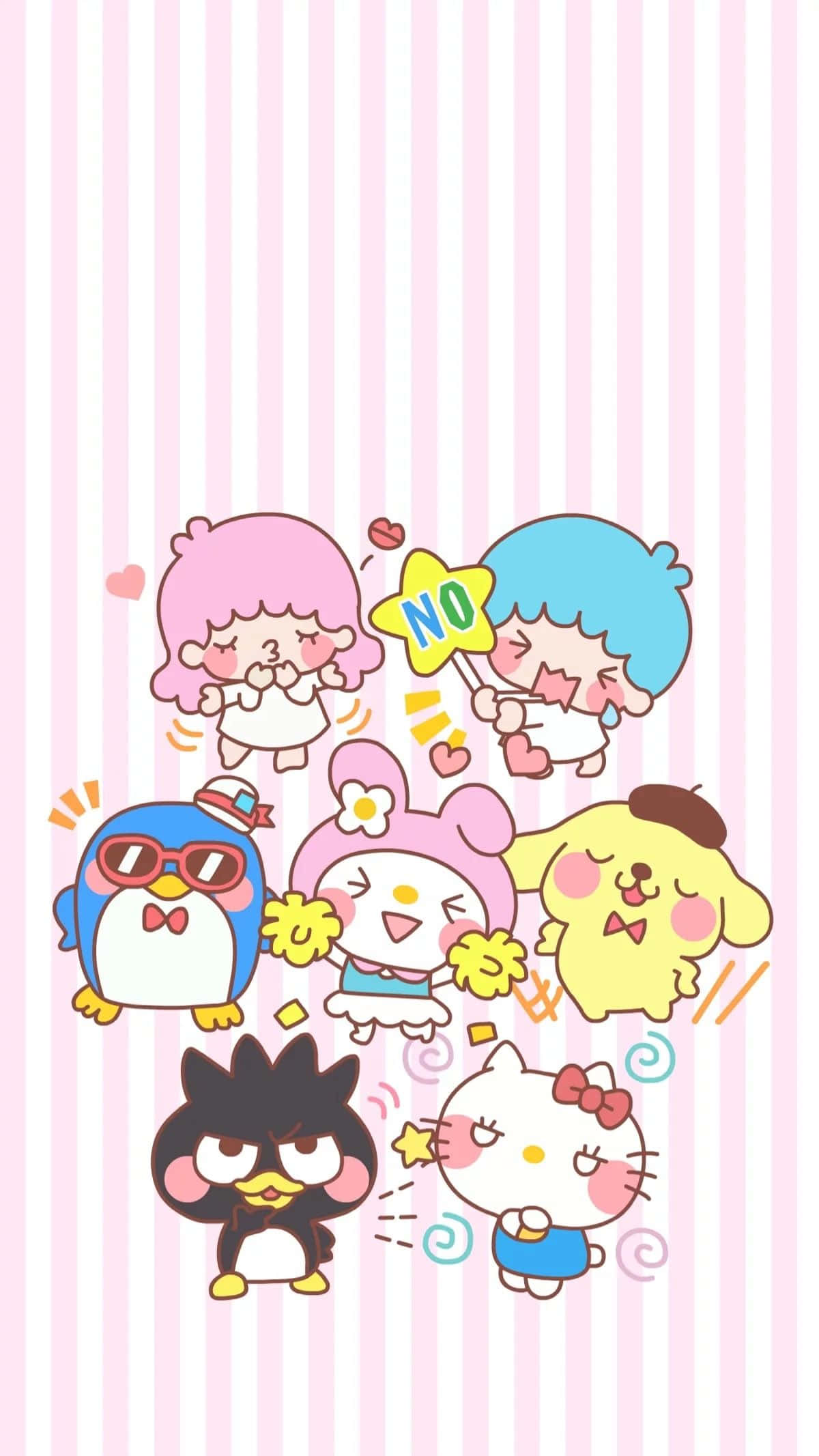 sanrio 桌布 壁紙 — 可愛的卡通角色以粉紅、藍色和黃色色調在柔和的粉紅條紋背景上歡快地彈跳。