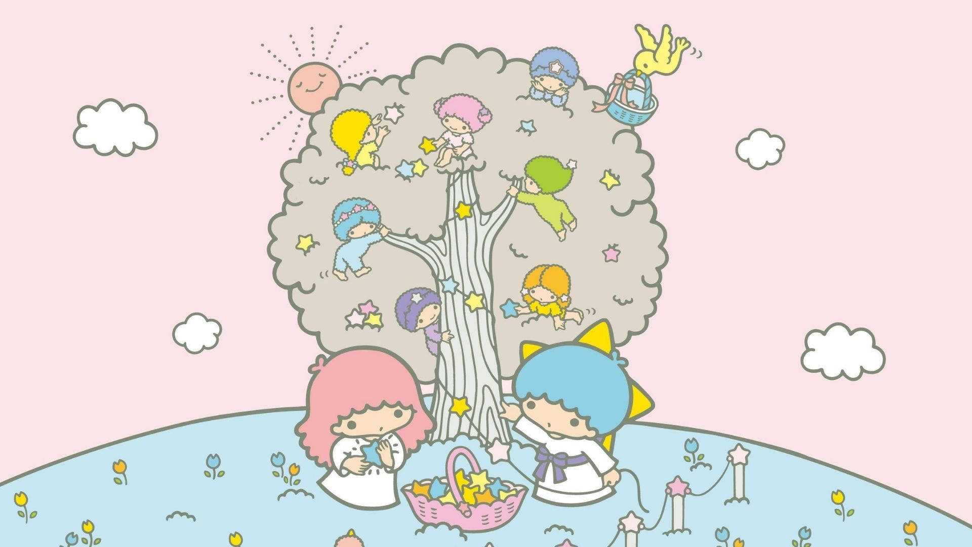 Twin 桌布 壁紙 — 可愛的卡通角色在微笑的太陽下，爬上一棵星星樹，背景是粉紅色粉彩天空和蓬鬆的雲朵。