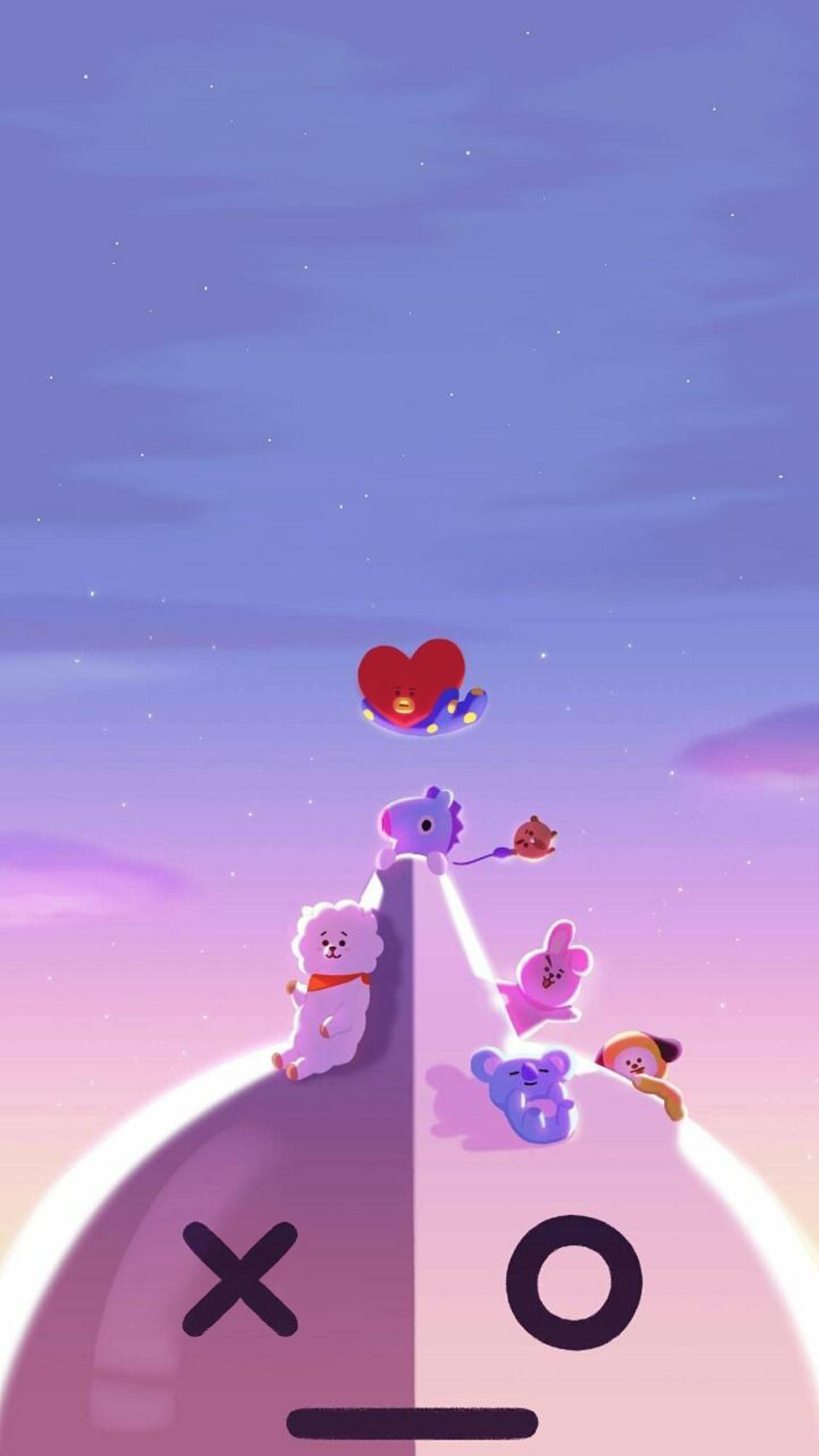 van bt21 桌布 壁紙 — 可愛的卡通角色在星光燦爛的黃昏天空下攀爬發光的山丘，手持漂浮的心形。